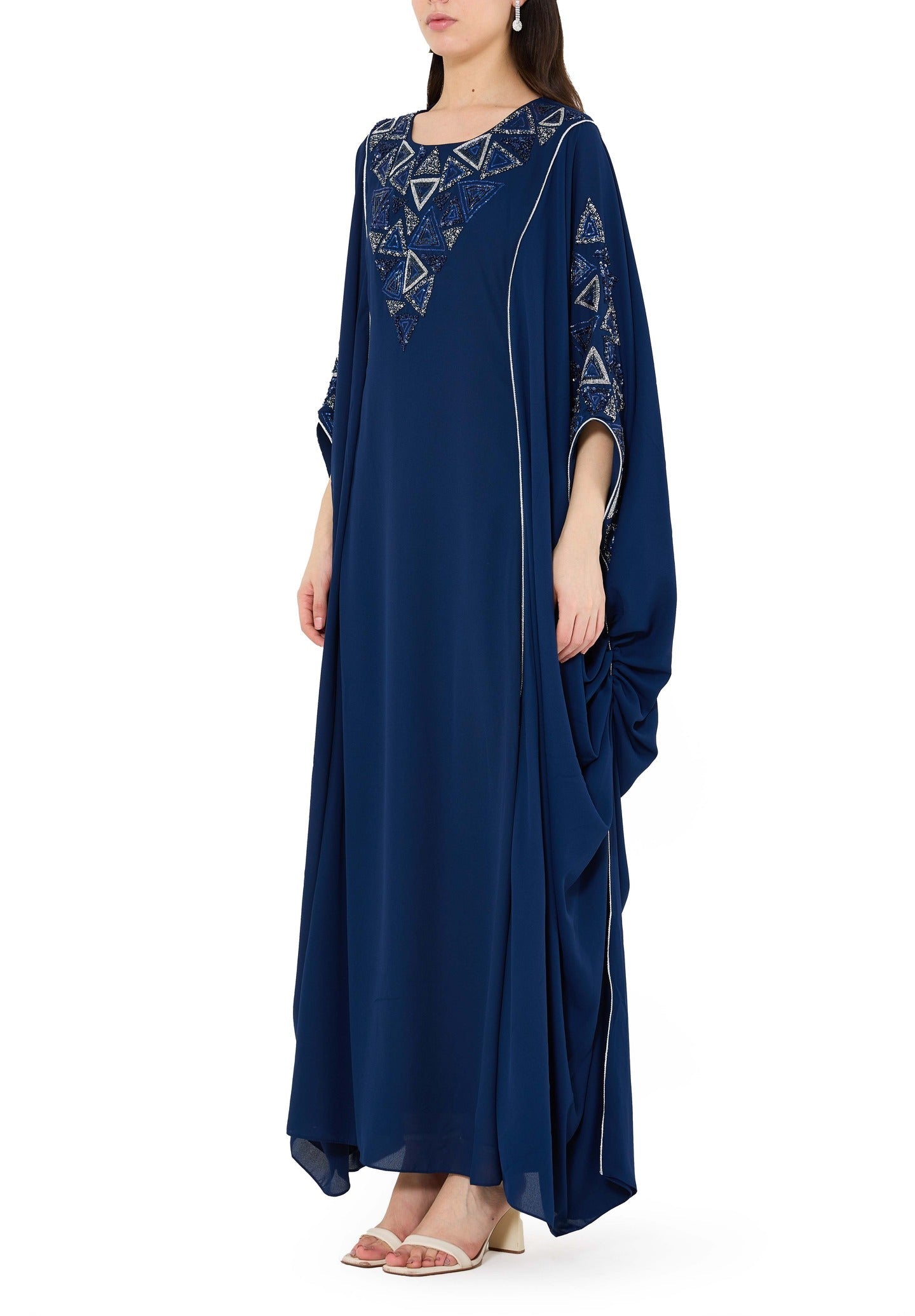 Beautiful Embroidered Round neckline Jalabiya With Symmetrical Ruched Details