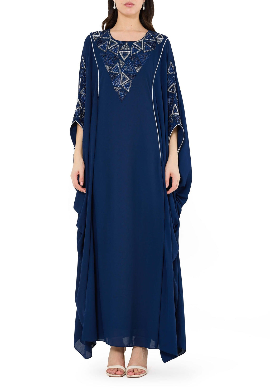 Beautiful Embroidered Round neckline Jalabiya With Symmetrical Ruched Details
