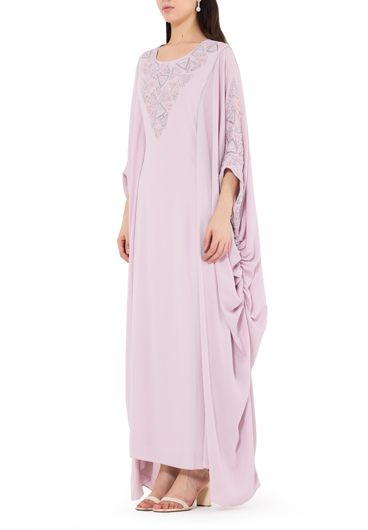 Beautiful Embroidered Round neckline Jalabiya With Symmetrical Ruched Details