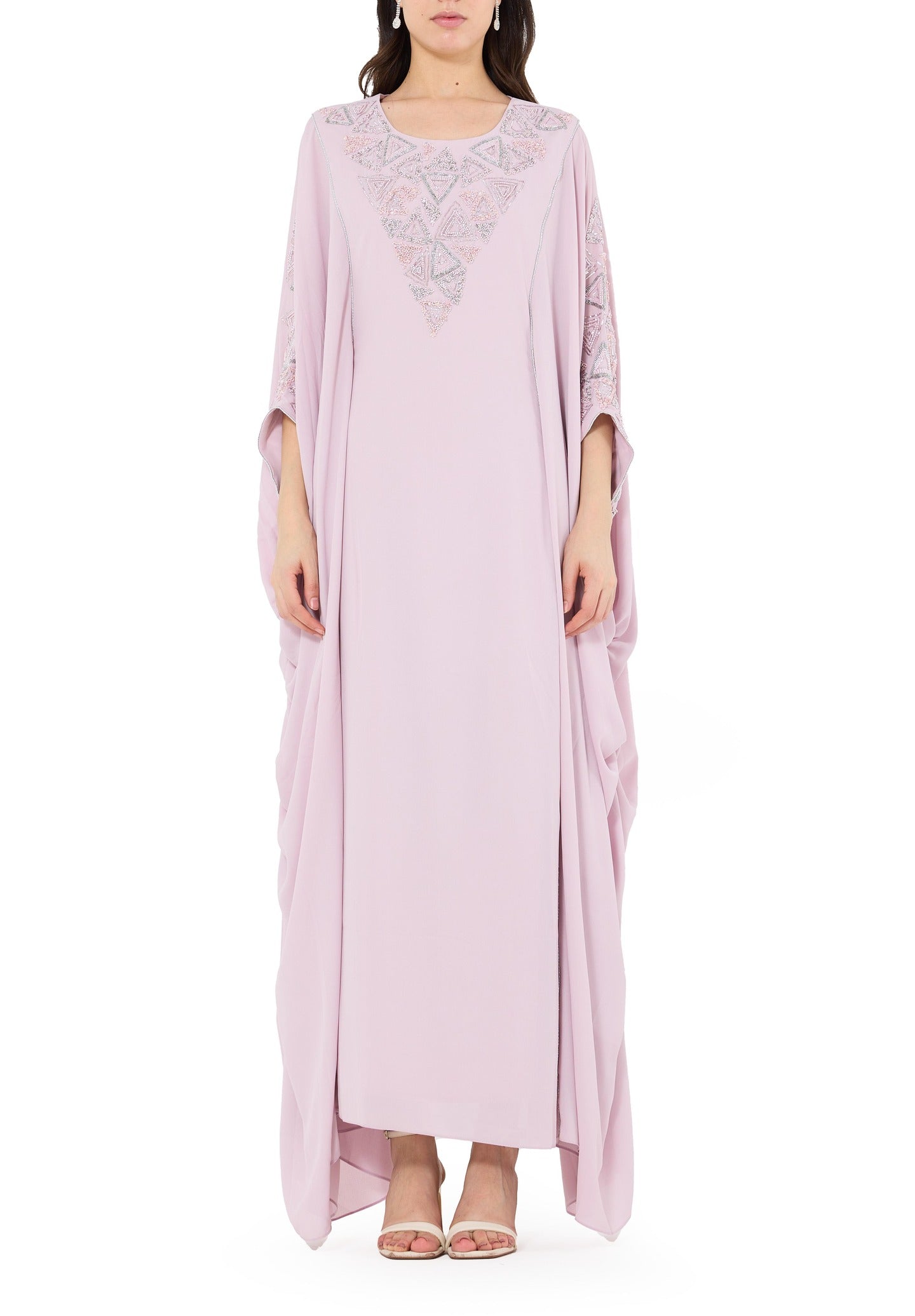 Beautiful Embroidered Round neckline Jalabiya With Symmetrical Ruched Details