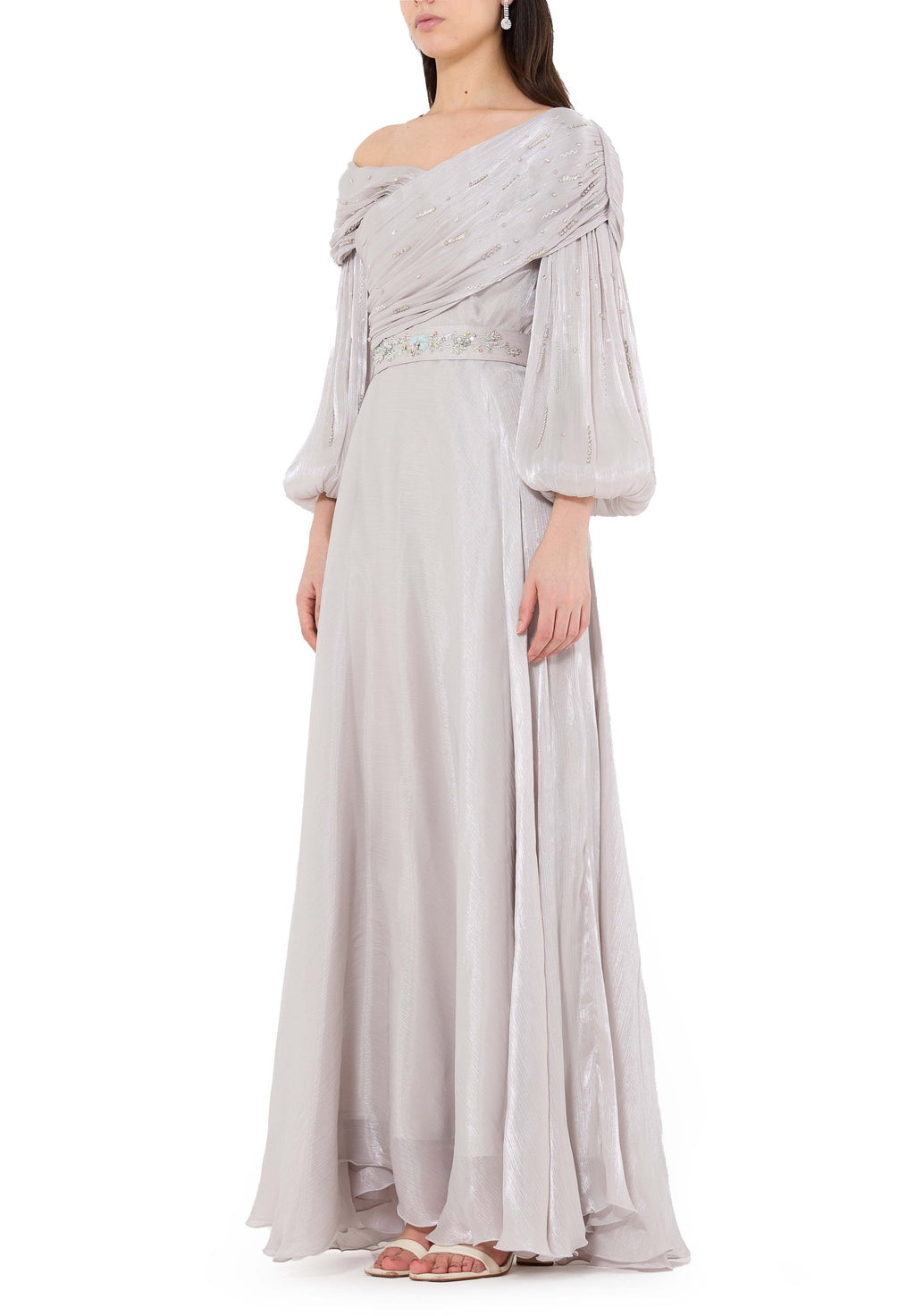 Asymmetrical Wrap Over Organza Long Dress