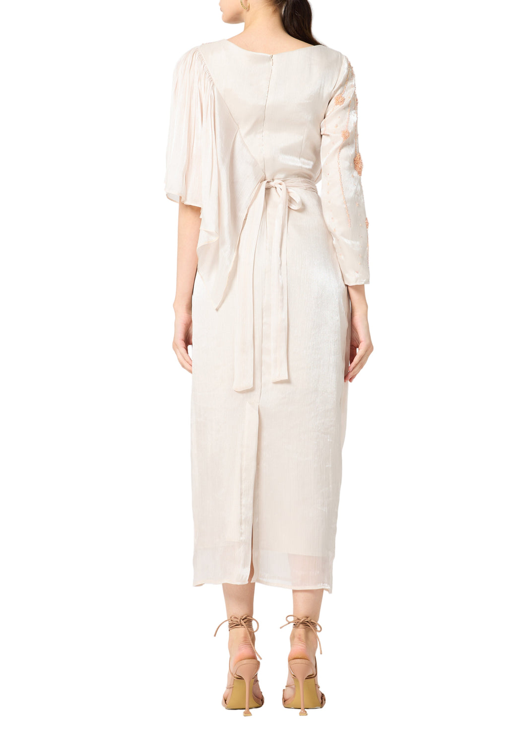 Asymmetrical Draped Embroidered Midi Dress