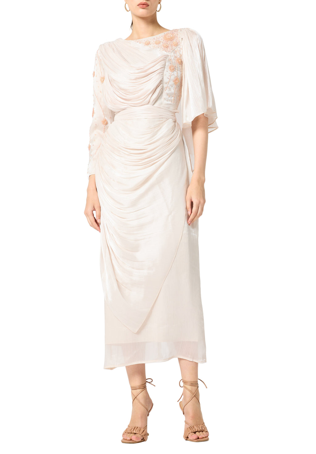 Asymmetrical Draped Embroidered Midi Dress