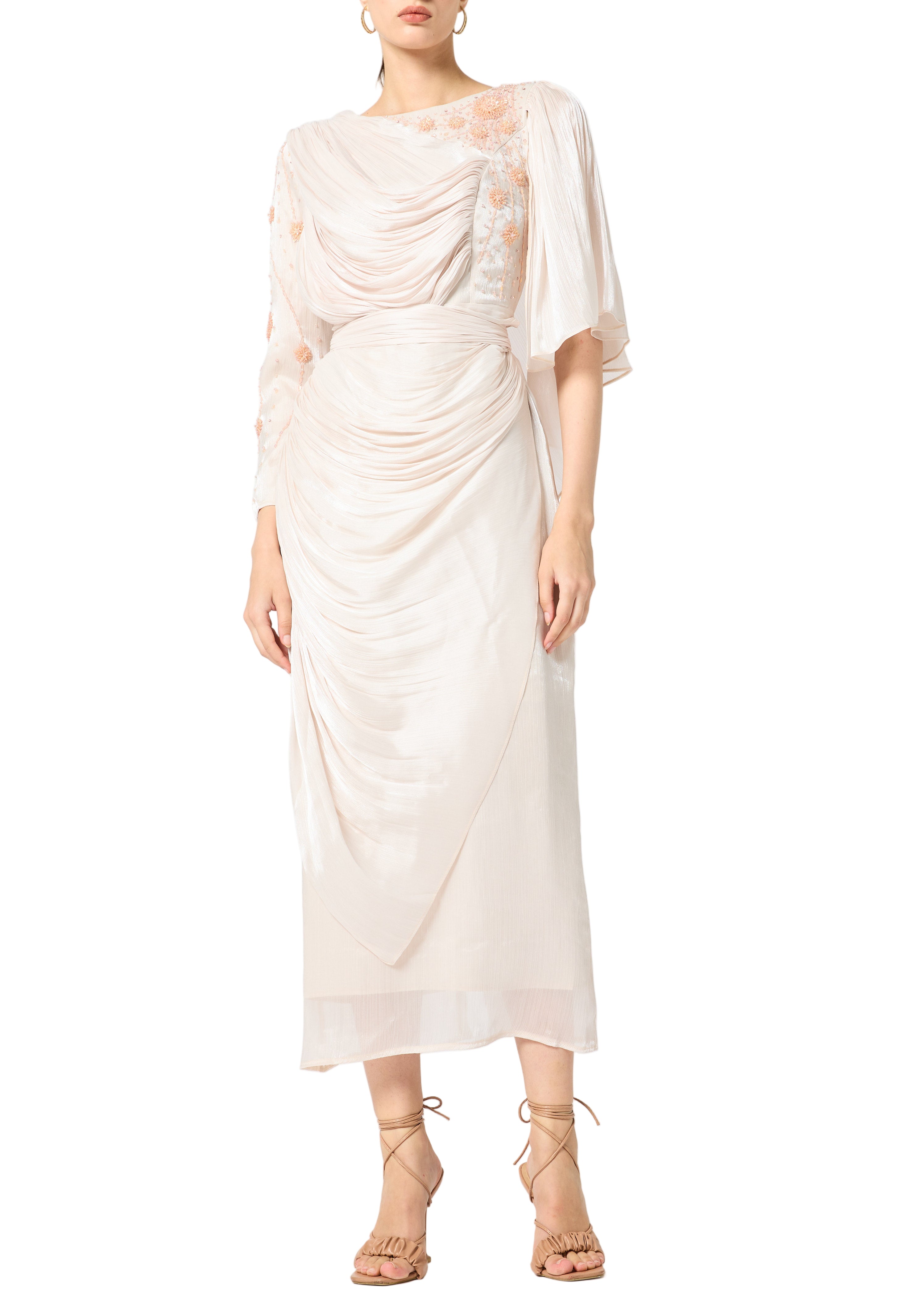 Asymmetrical Draped Embroidered Midi Dress