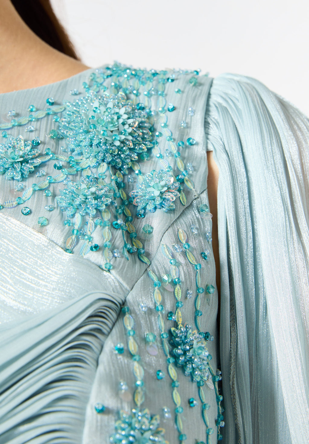 Asymmetrical Draped Embroidered Midi Dress