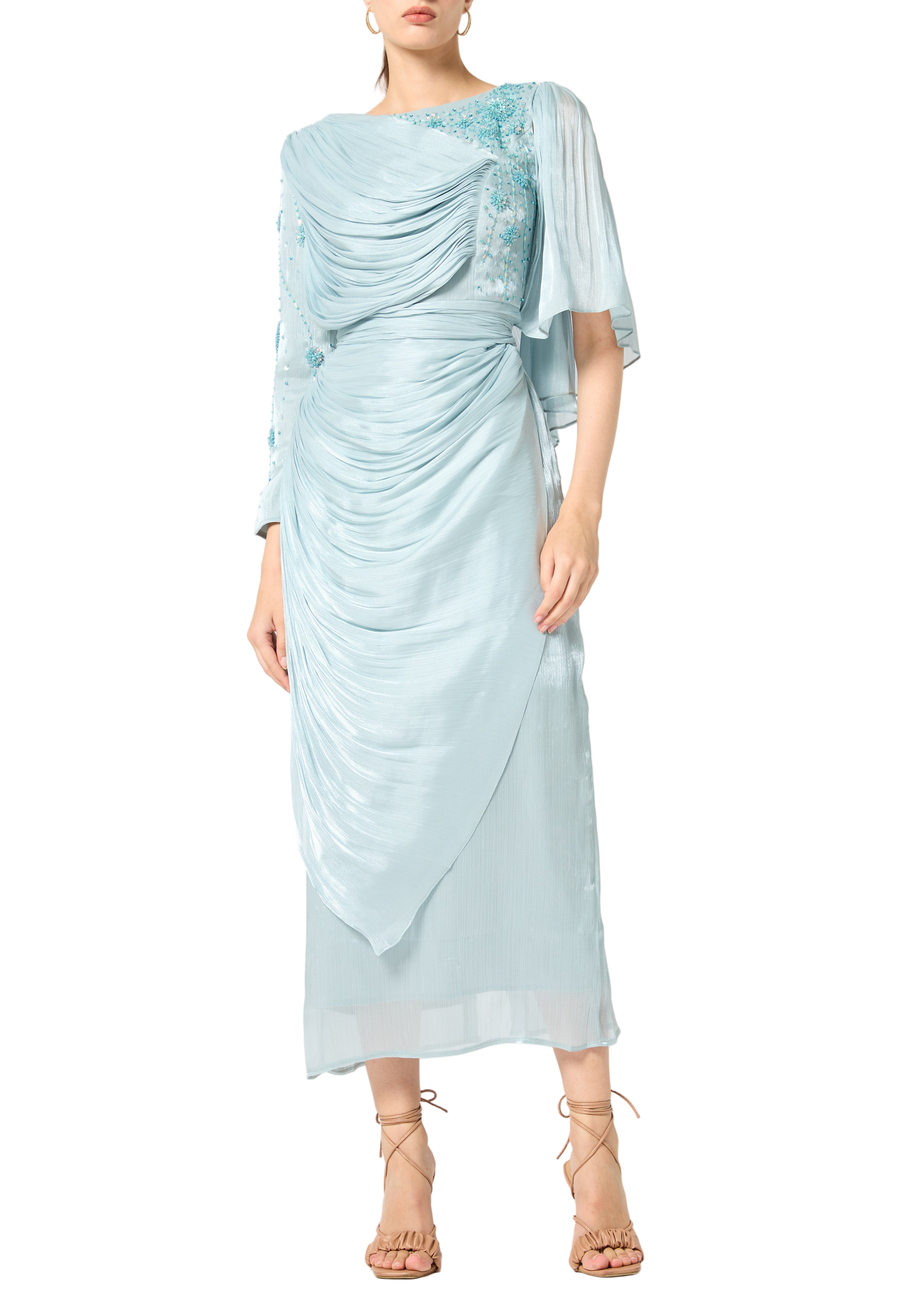 Asymmetrical Draped Embroidered Midi Dress