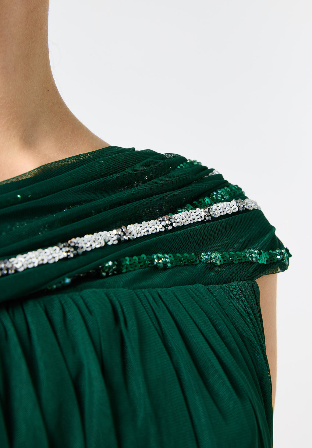 Beautiful Embroidered Tulle Dress With Drape Details On The Body And V-Neckline