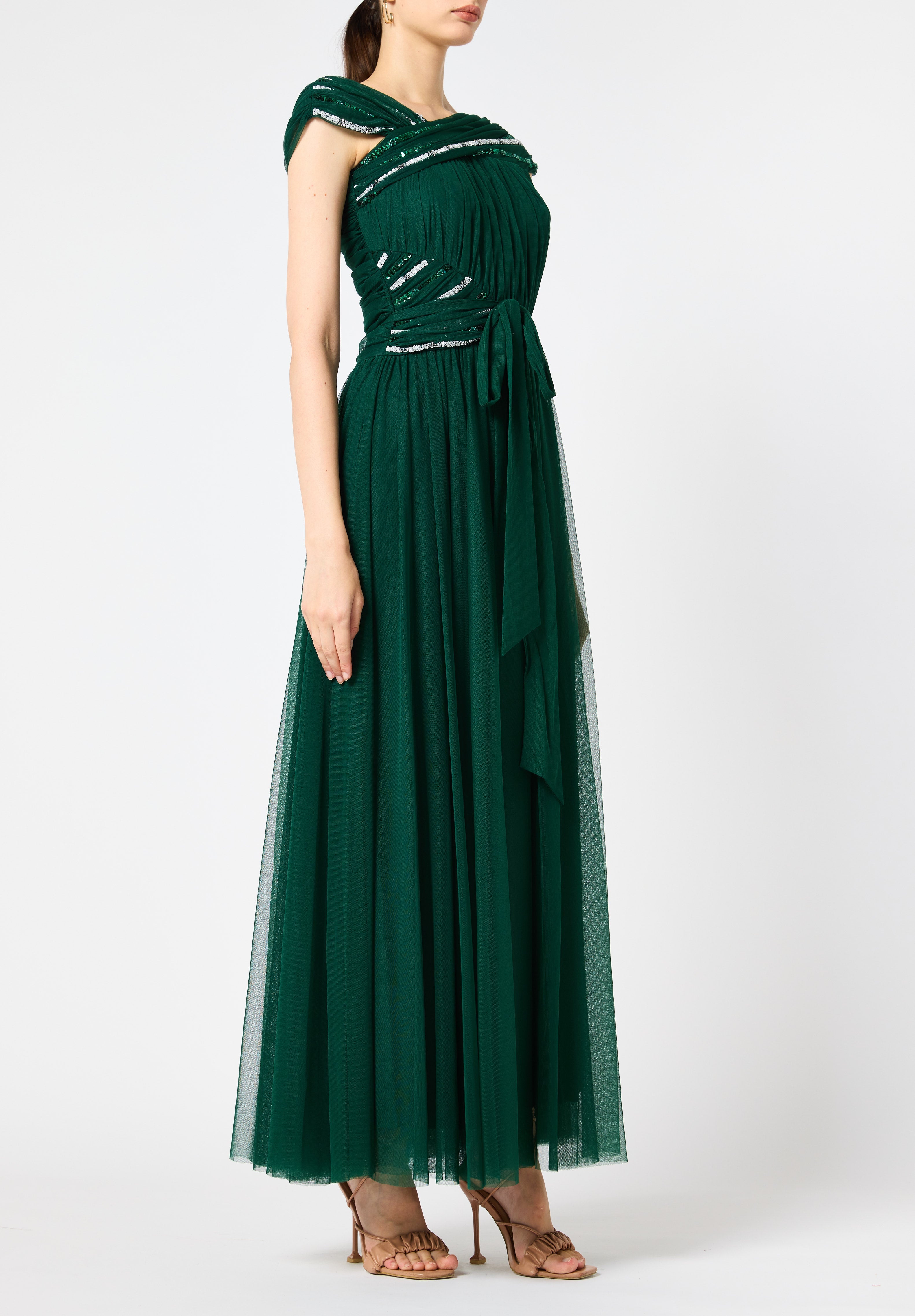 Beautiful Embroidered Tulle Dress With Drape Details On The Body And V-Neckline