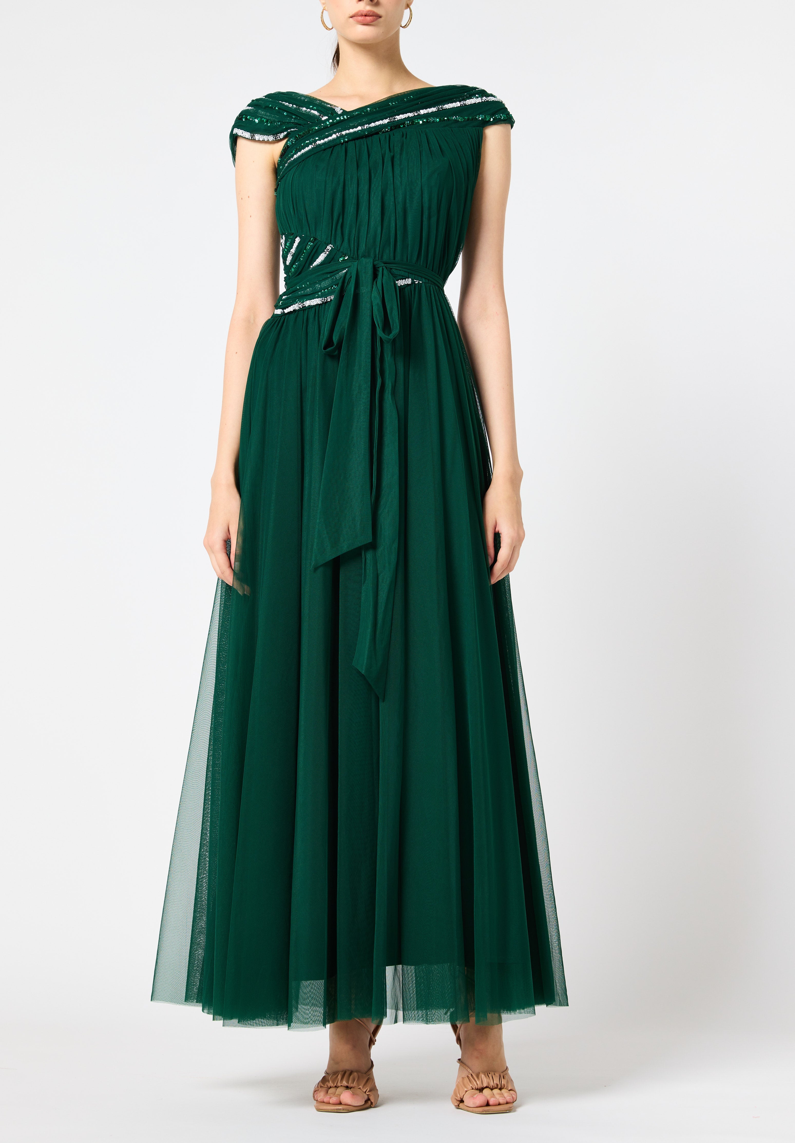 Beautiful Embroidered Tulle Dress With Drape Details On The Body And V-Neckline