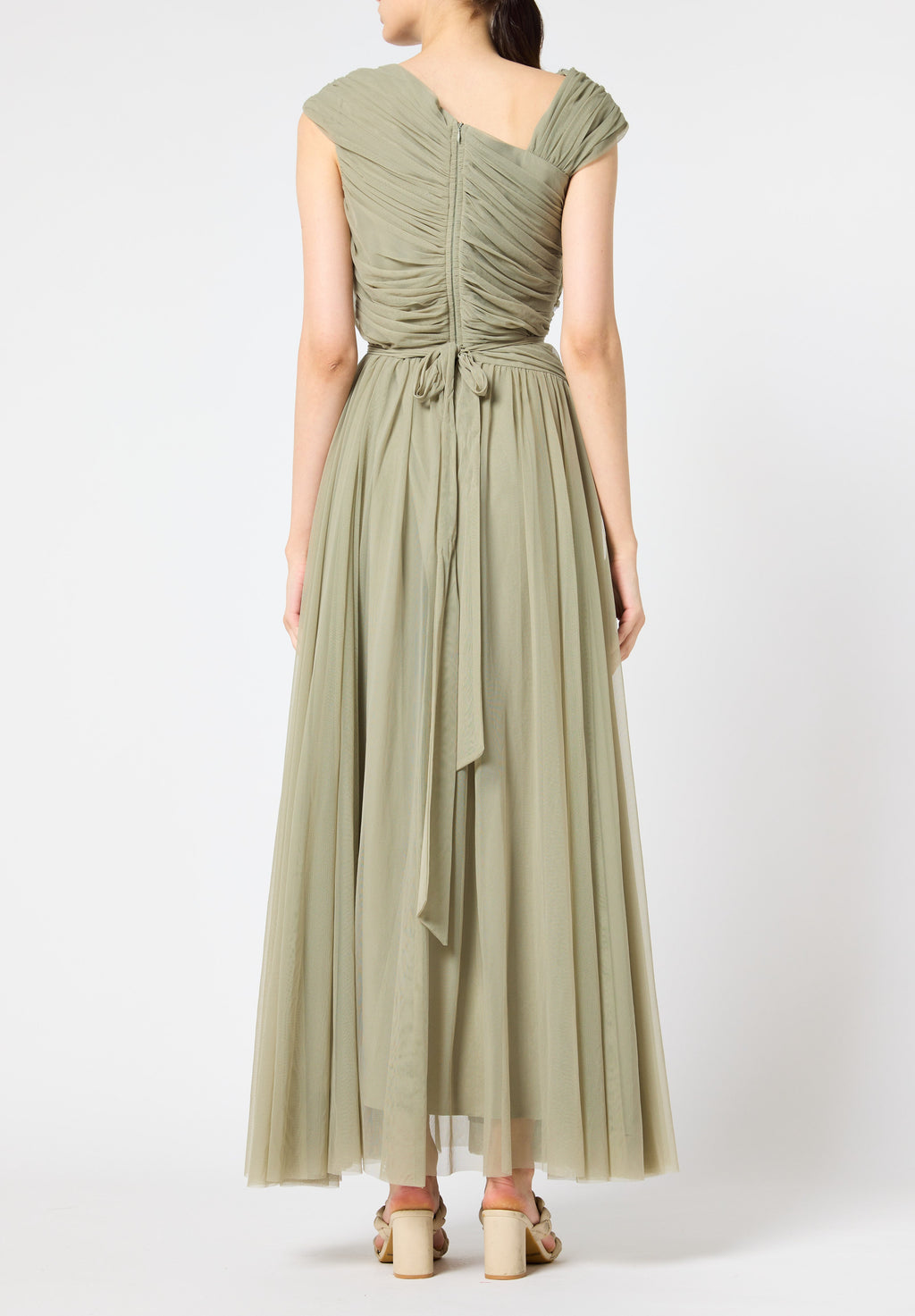 Beautiful Embroidered Tulle Dress With Drape Details On The Body And V-Neckline