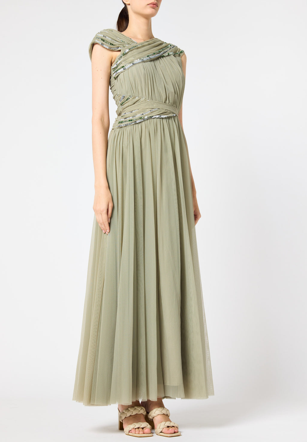 Beautiful Embroidered Tulle Dress With Drape Details On The Body And V-Neckline