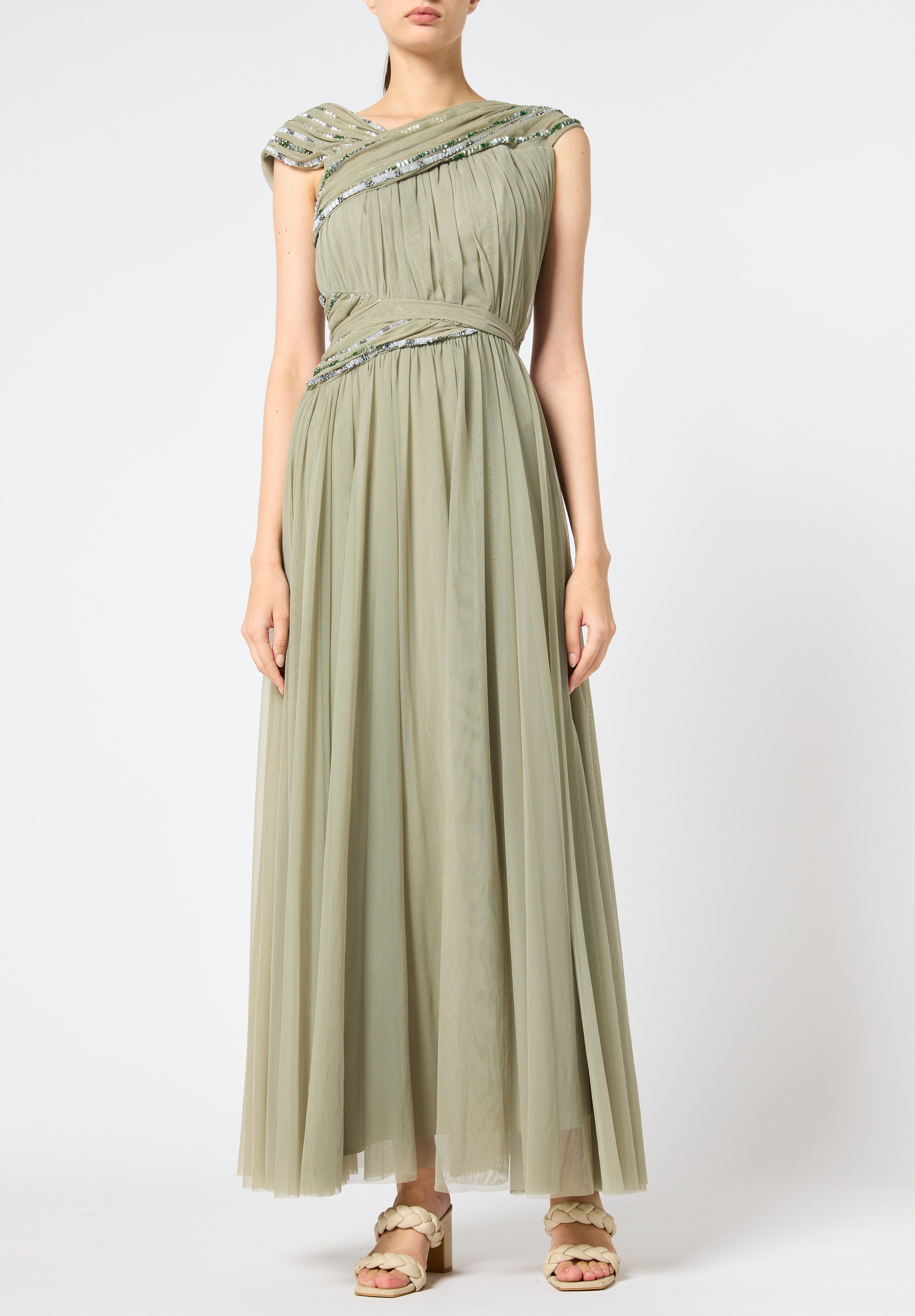 Beautiful Embroidered Tulle Dress With Drape Details On The Body And V-Neckline