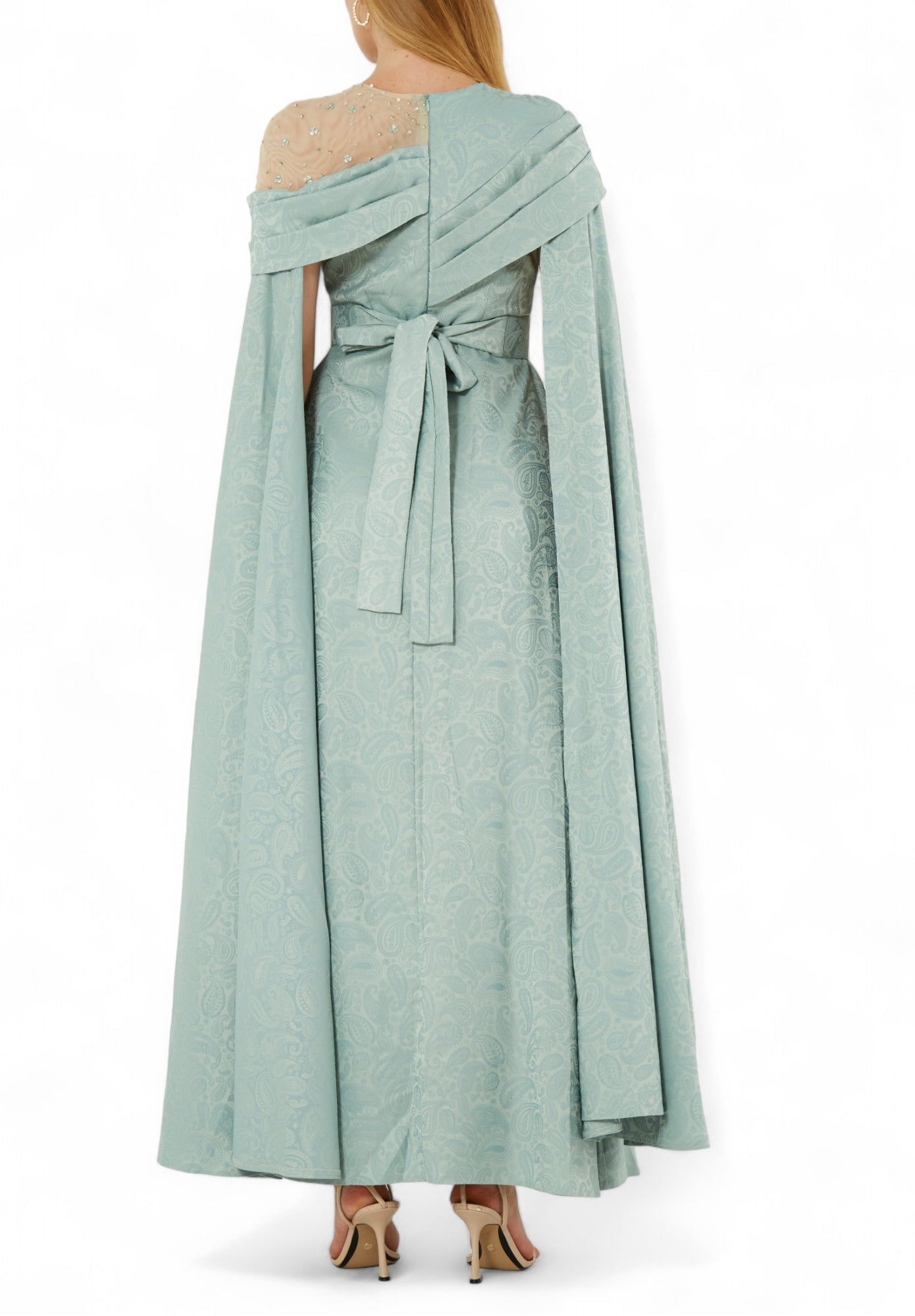 Beautiful Asymmetrical Pattered Long Dress With Embroidery Details And Long Cape Sleeves