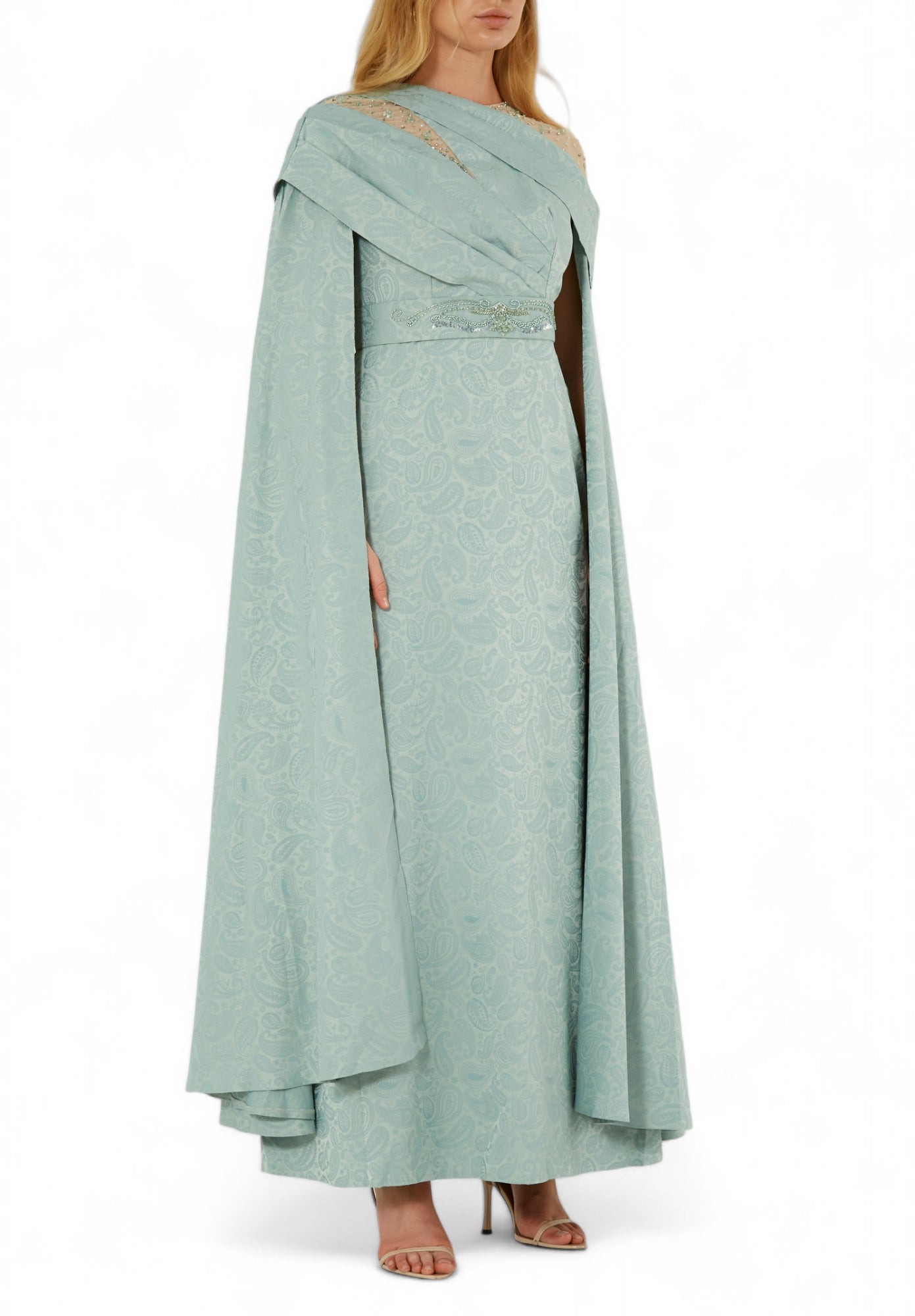 Beautiful Asymmetrical Pattered Long Dress With Embroidery Details And Long Cape Sleeves