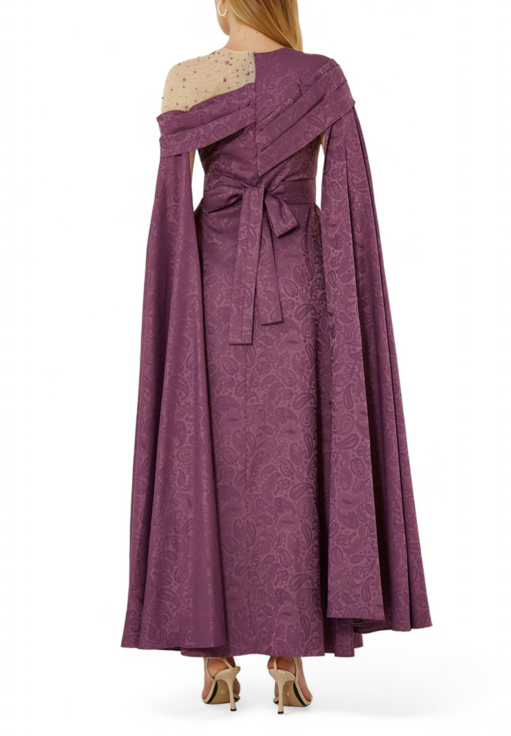 Beautiful Asymmetrical Pattered Long Dress With Embroidery Details And Long Cape Sleeves