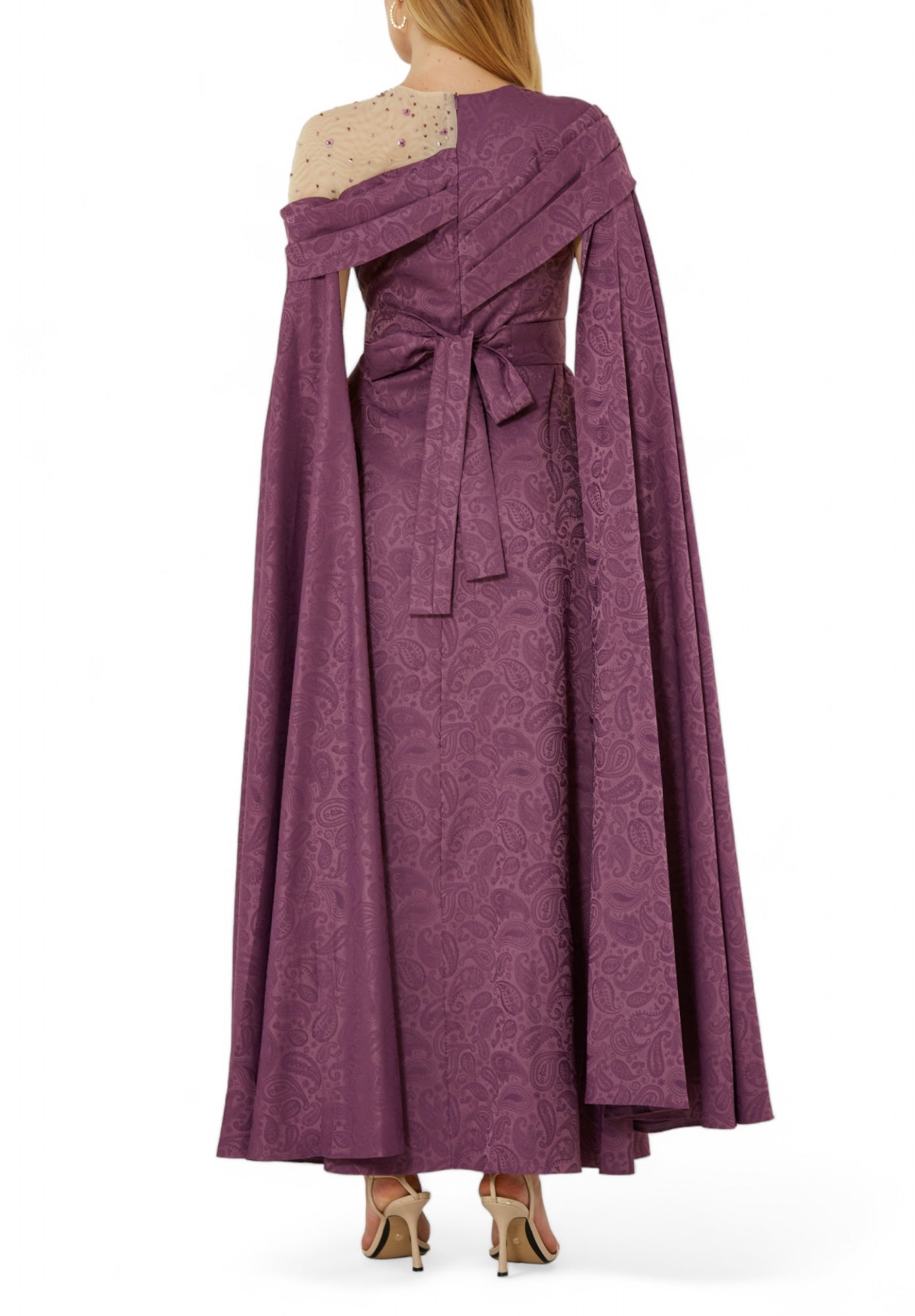 Beautiful Asymmetrical Pattered Long Dress With Embroidery Details And Long Cape Sleeves