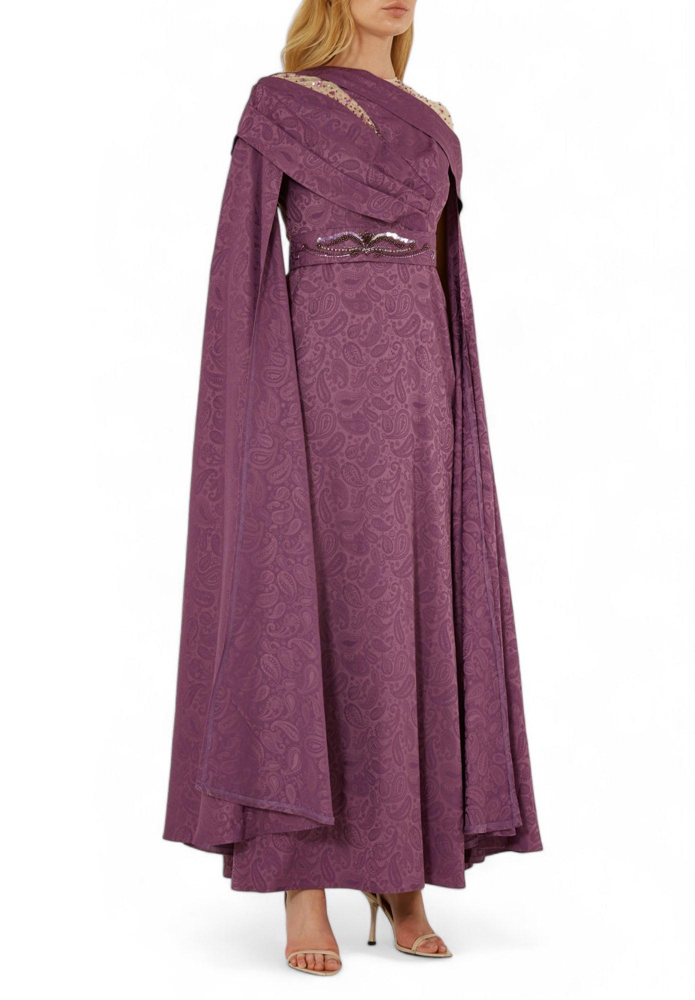 Beautiful Asymmetrical Pattered Long Dress With Embroidery Details And Long Cape Sleeves