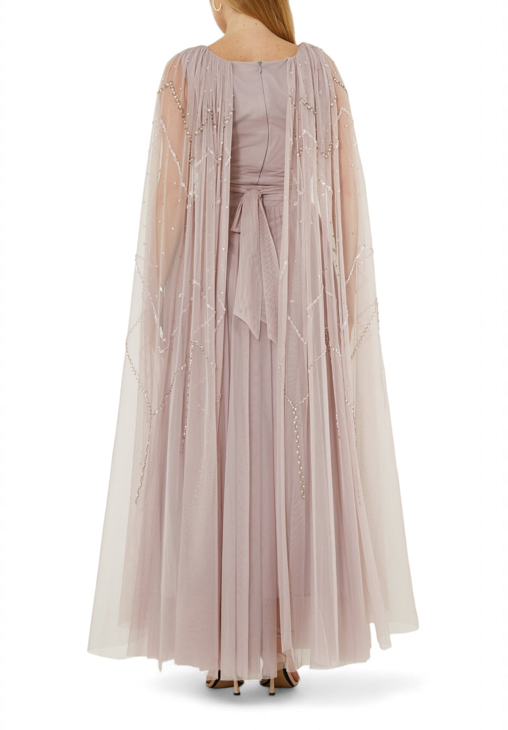 Beautiful Embroidered Draped Tulle Long Dress With Long Cape Sleeves
