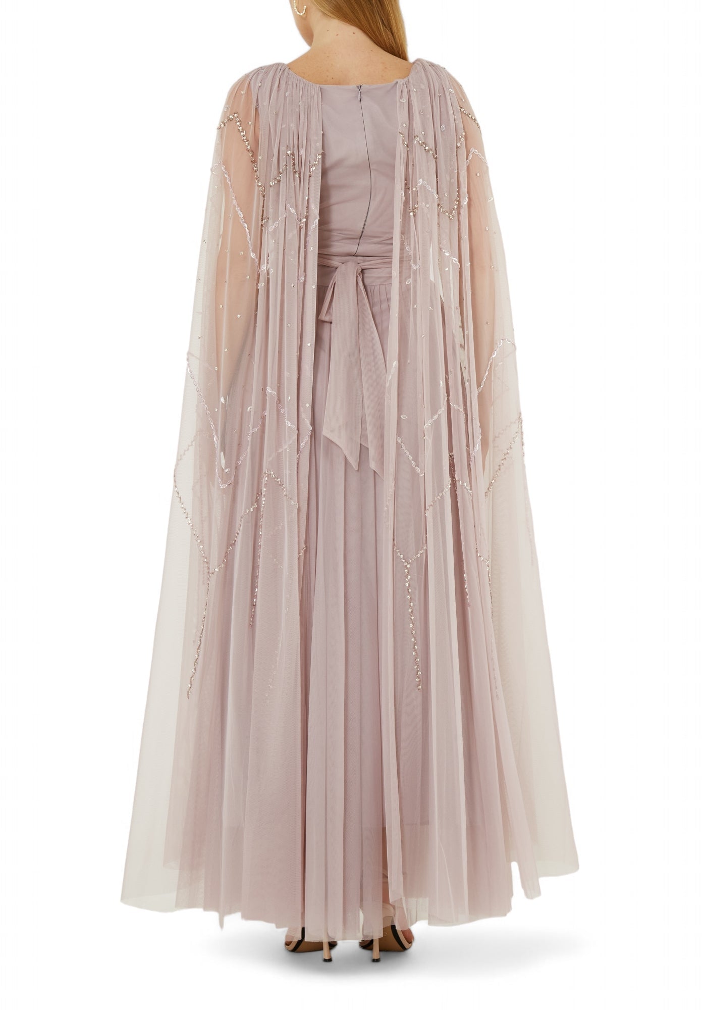 Beautiful Embroidered Draped Tulle Long Dress With Long Cape Sleeves