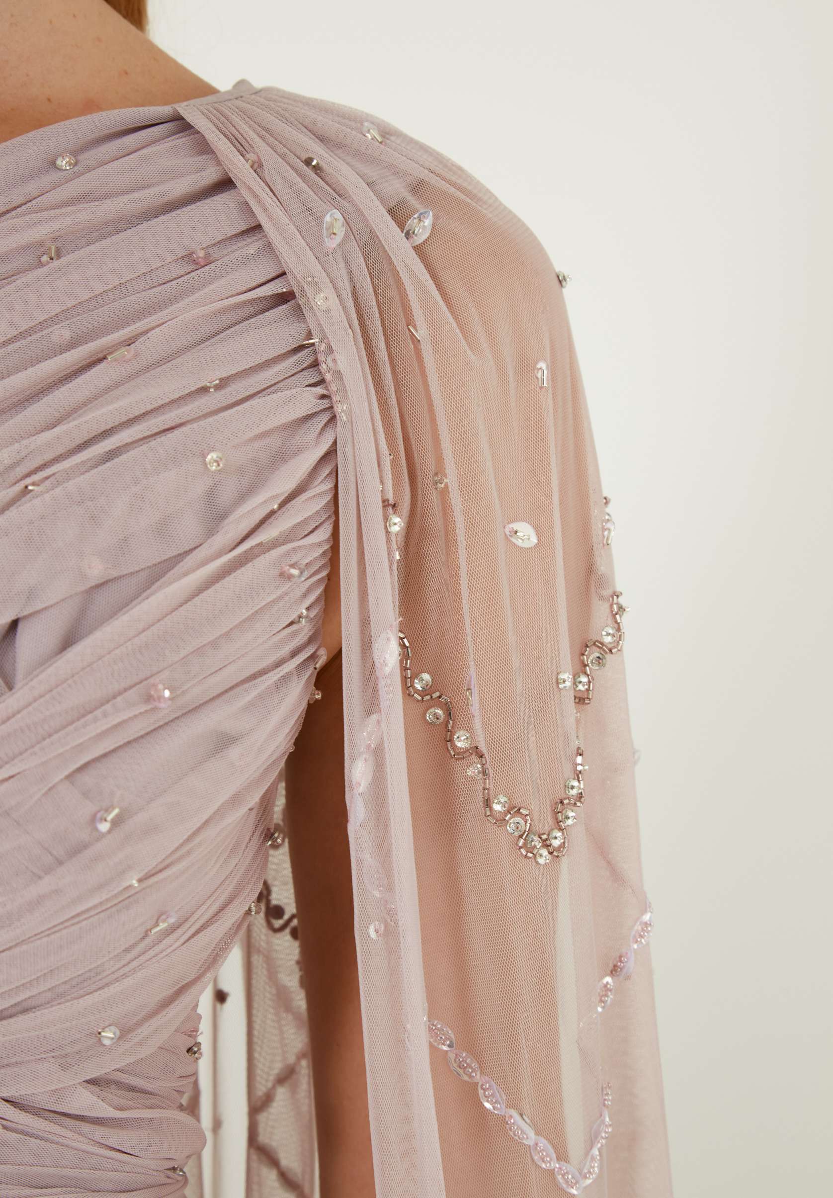 Beautiful Embroidered Draped Tulle Long Dress With Long Cape Sleeves