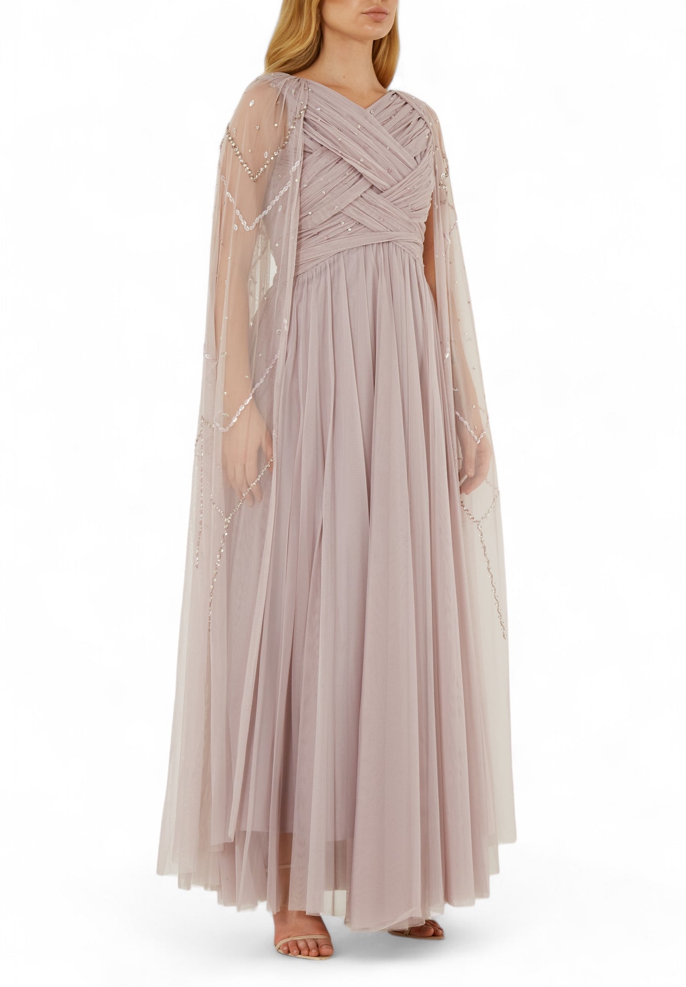Beautiful Embroidered Draped Tulle Long Dress With Long Cape Sleeves