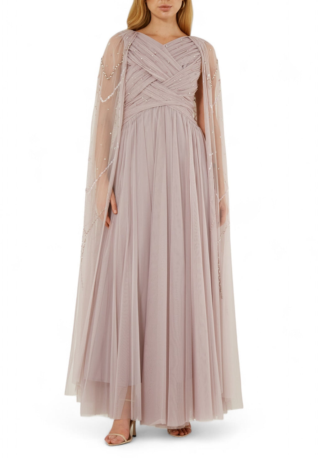 Beautiful Embroidered Draped Tulle Long Dress With Long Cape Sleeves
