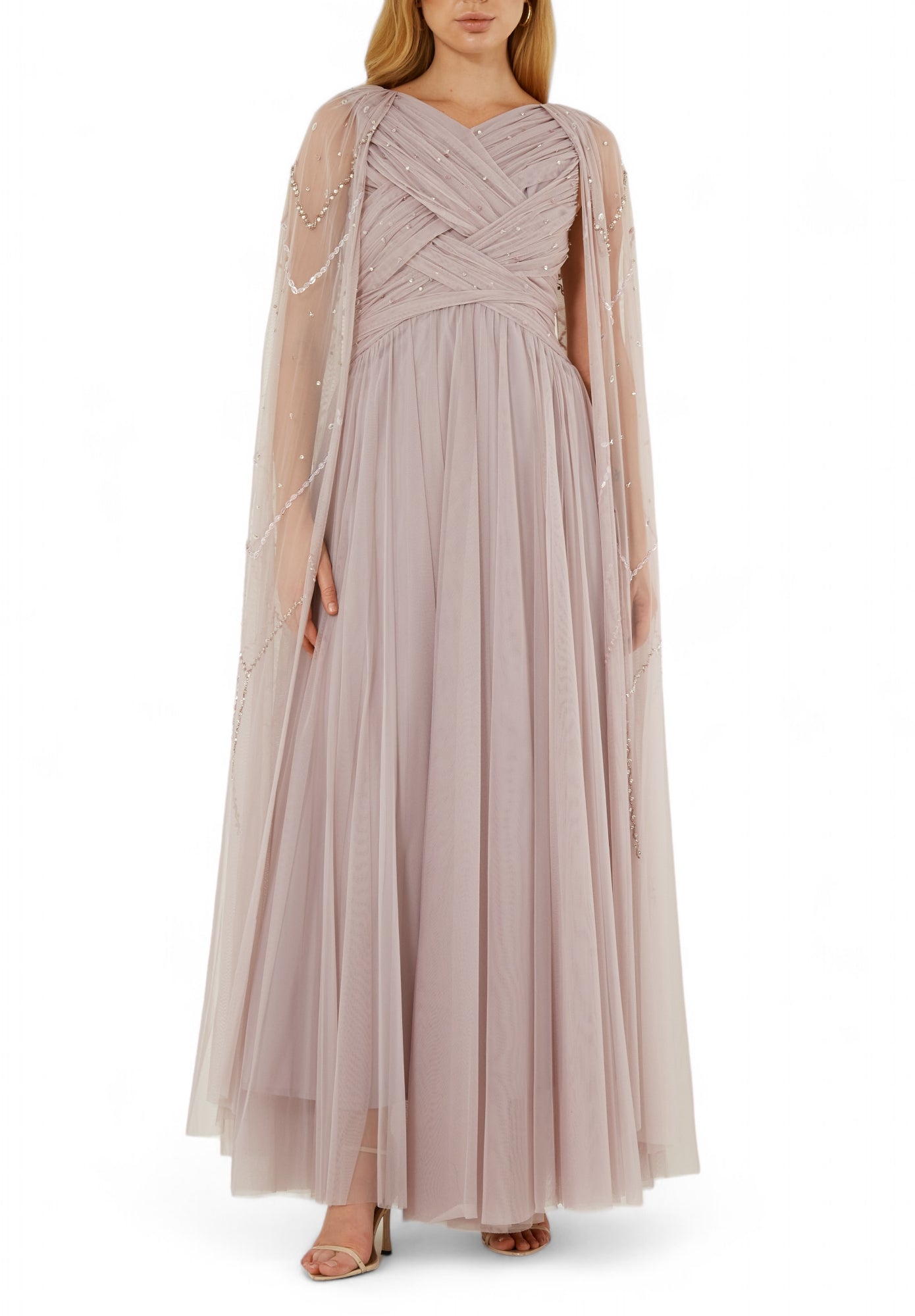 Beautiful Embroidered Draped Tulle Long Dress With Long Cape Sleeves