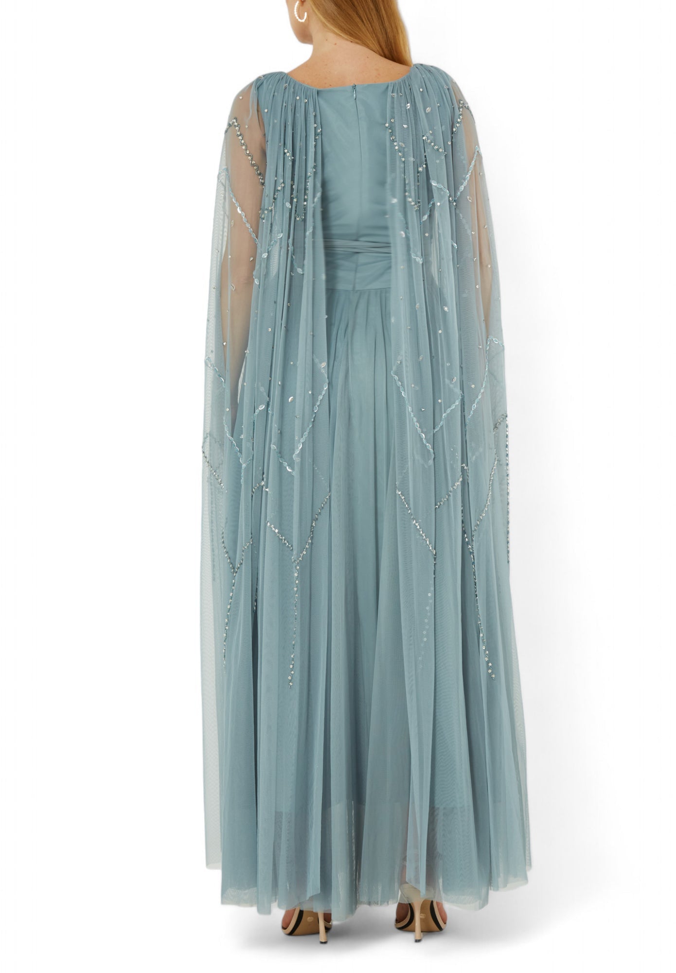 Beautiful Embroidered Draped Tulle Long Dress With Long Cape Sleeves