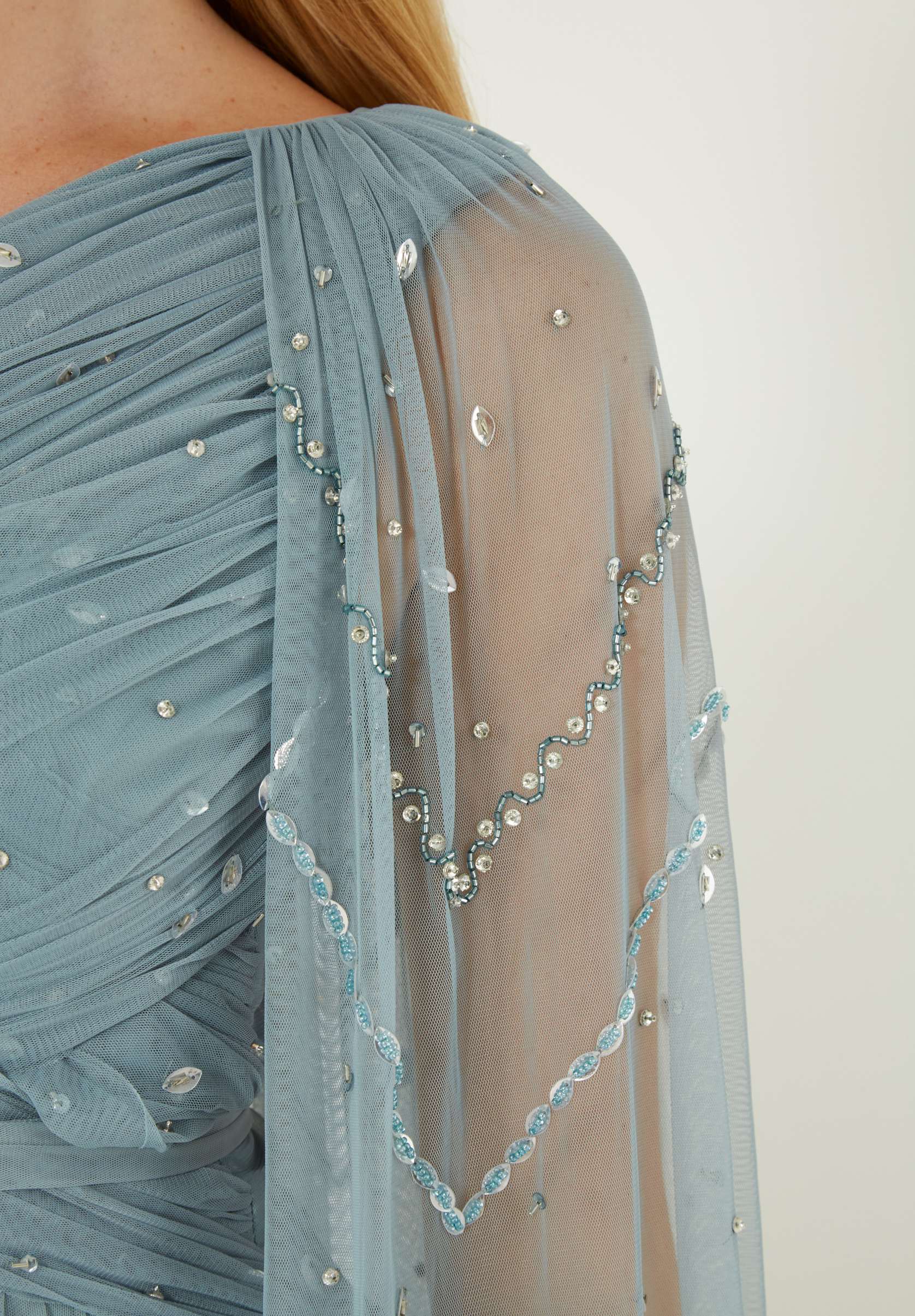 Beautiful Embroidered Draped Tulle Long Dress With Long Cape Sleeves