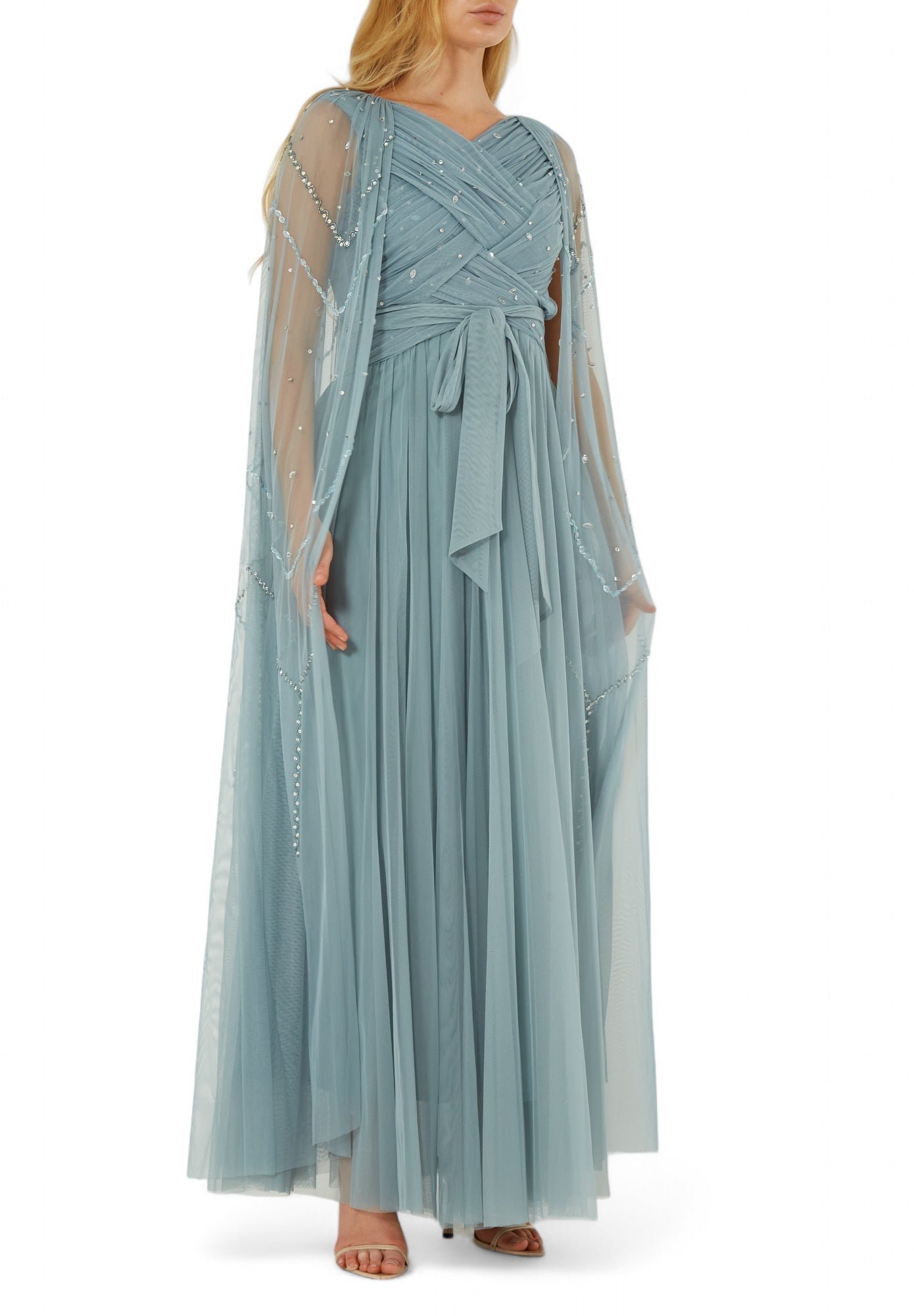 Beautiful Embroidered Draped Tulle Long Dress With Long Cape Sleeves