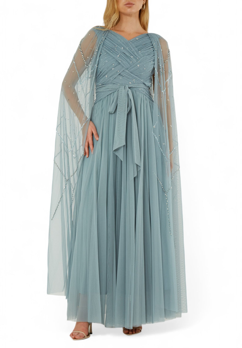 Beautiful Embroidered Draped Tulle Long Dress With Long Cape Sleeves