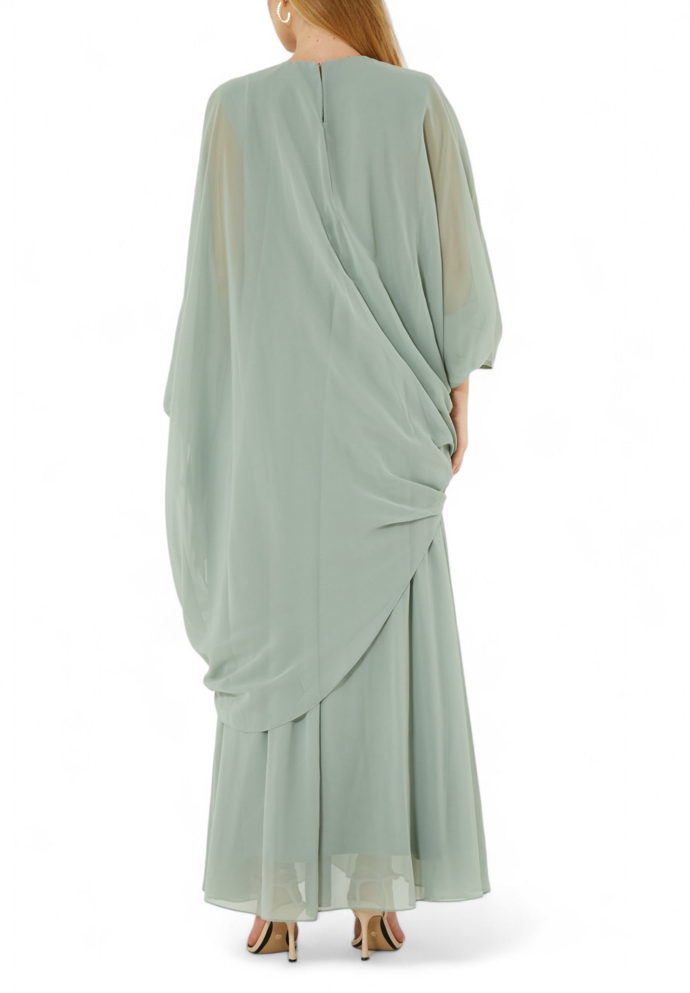 Beautiful Chiffon Draped  Dress with Embroidery Details And Long Sleeves