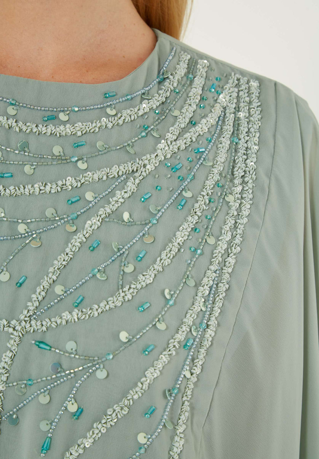 Beautiful Chiffon Draped  Dress with Embroidery Details And Long Sleeves