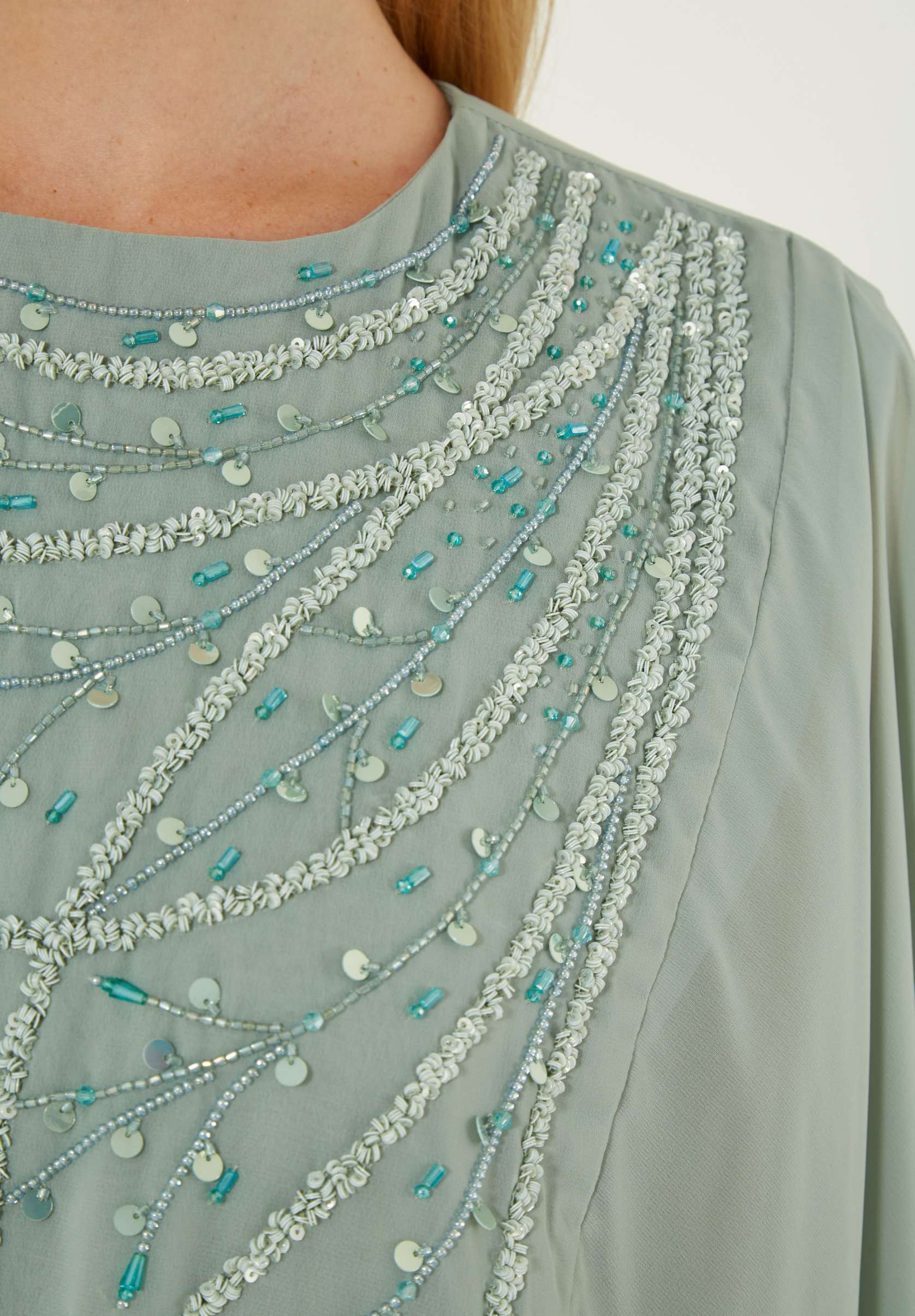 Beautiful Chiffon Draped  Dress with Embroidery Details And Long Sleeves