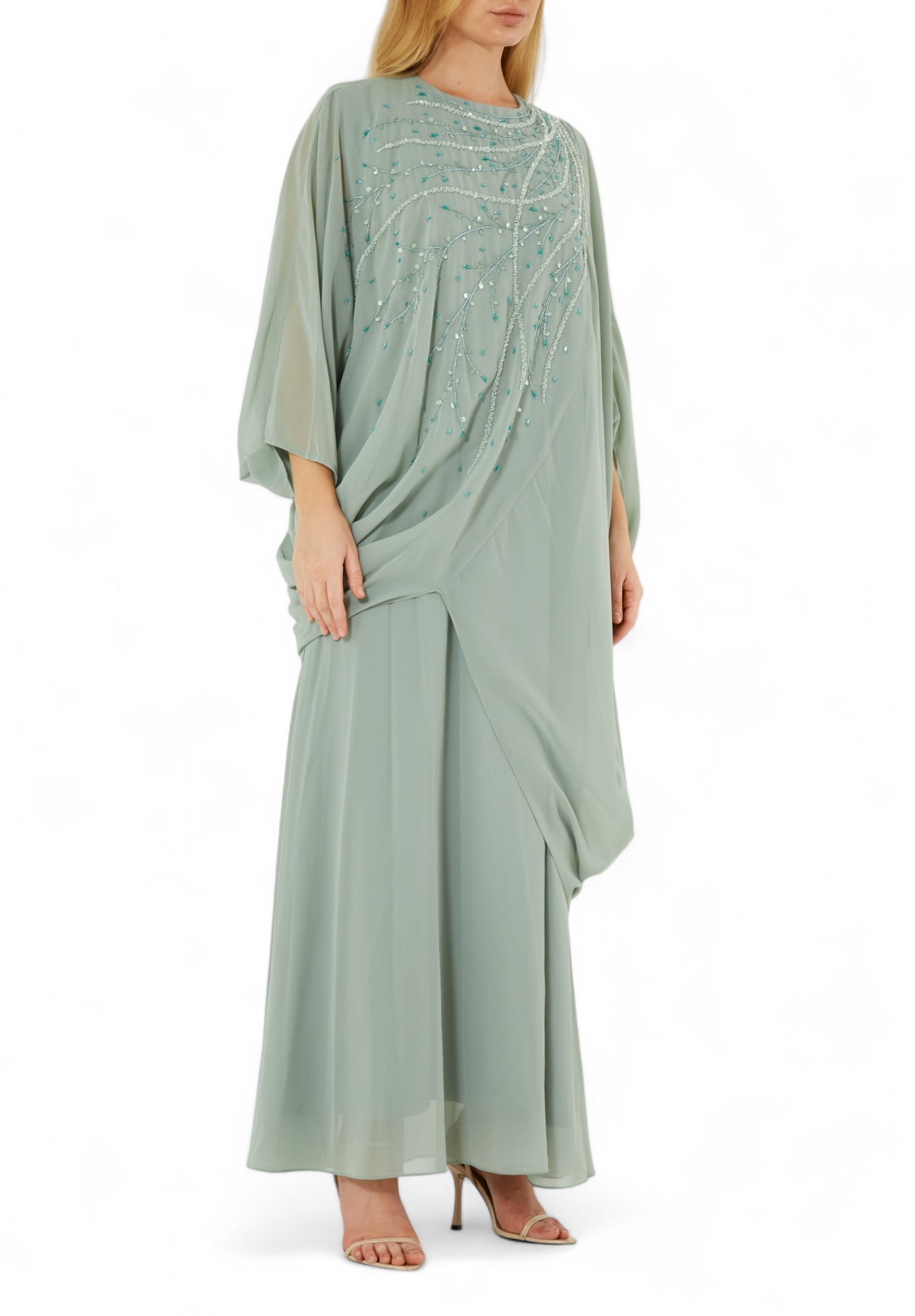 Beautiful Chiffon Draped  Dress with Embroidery Details And Long Sleeves