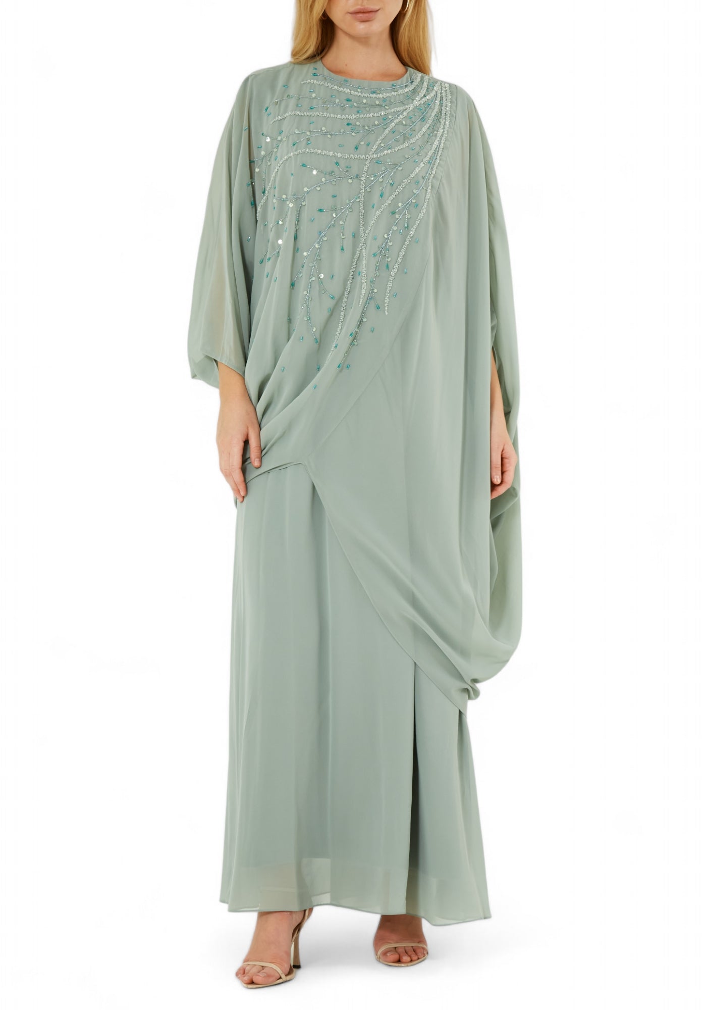 Beautiful Chiffon Draped  Dress with Embroidery Details And Long Sleeves