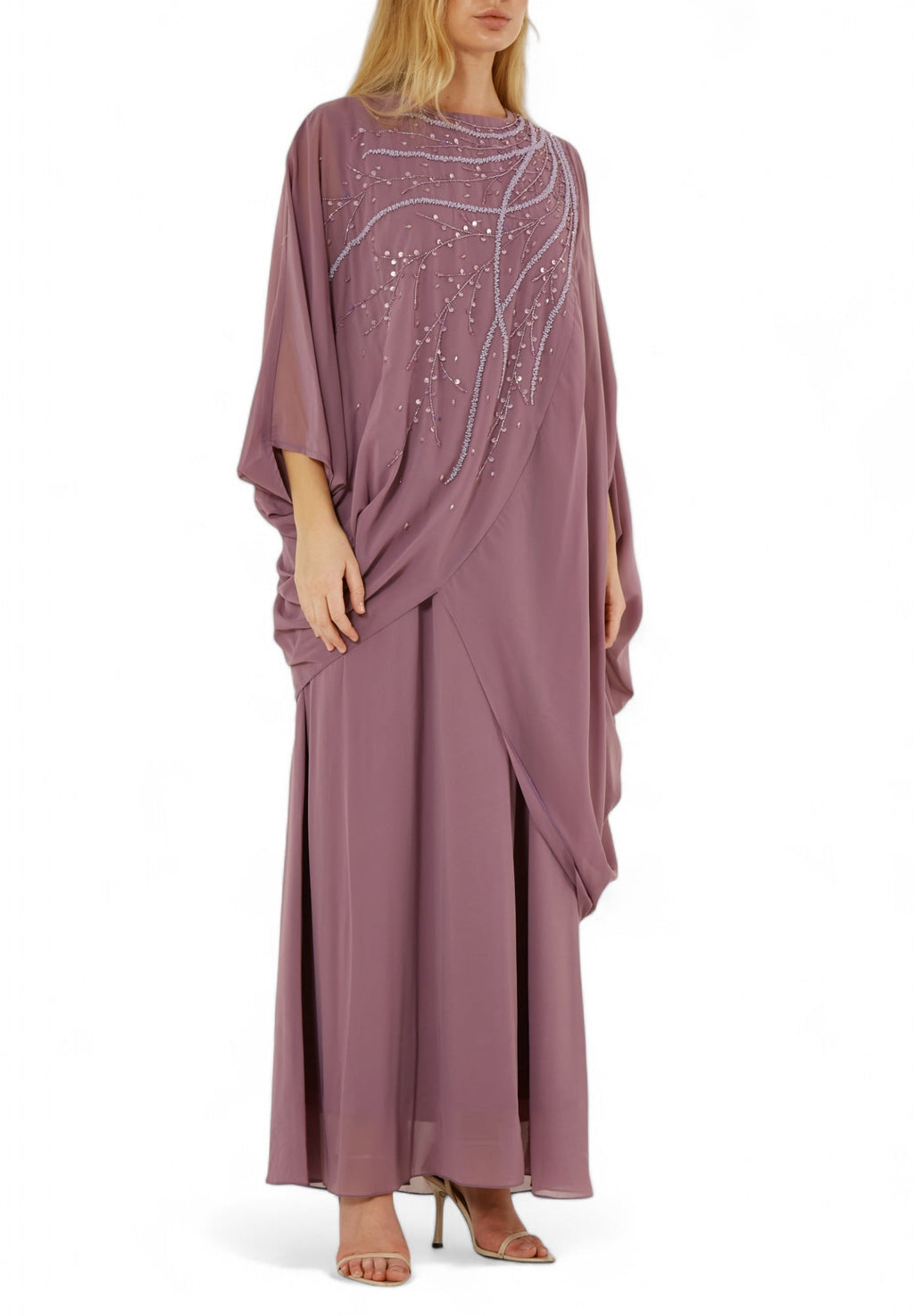 Beautiful Chiffon Draped  Dress with Embroidery Details And Long Sleeves