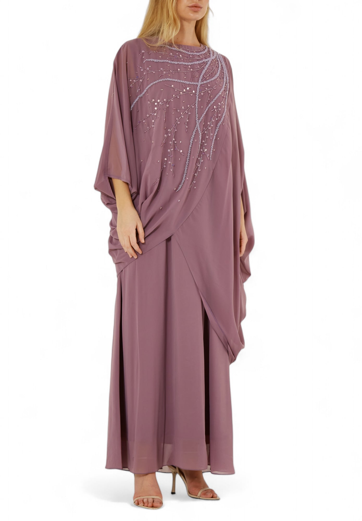 Beautiful Chiffon Draped  Dress with Embroidery Details And Long Sleeves