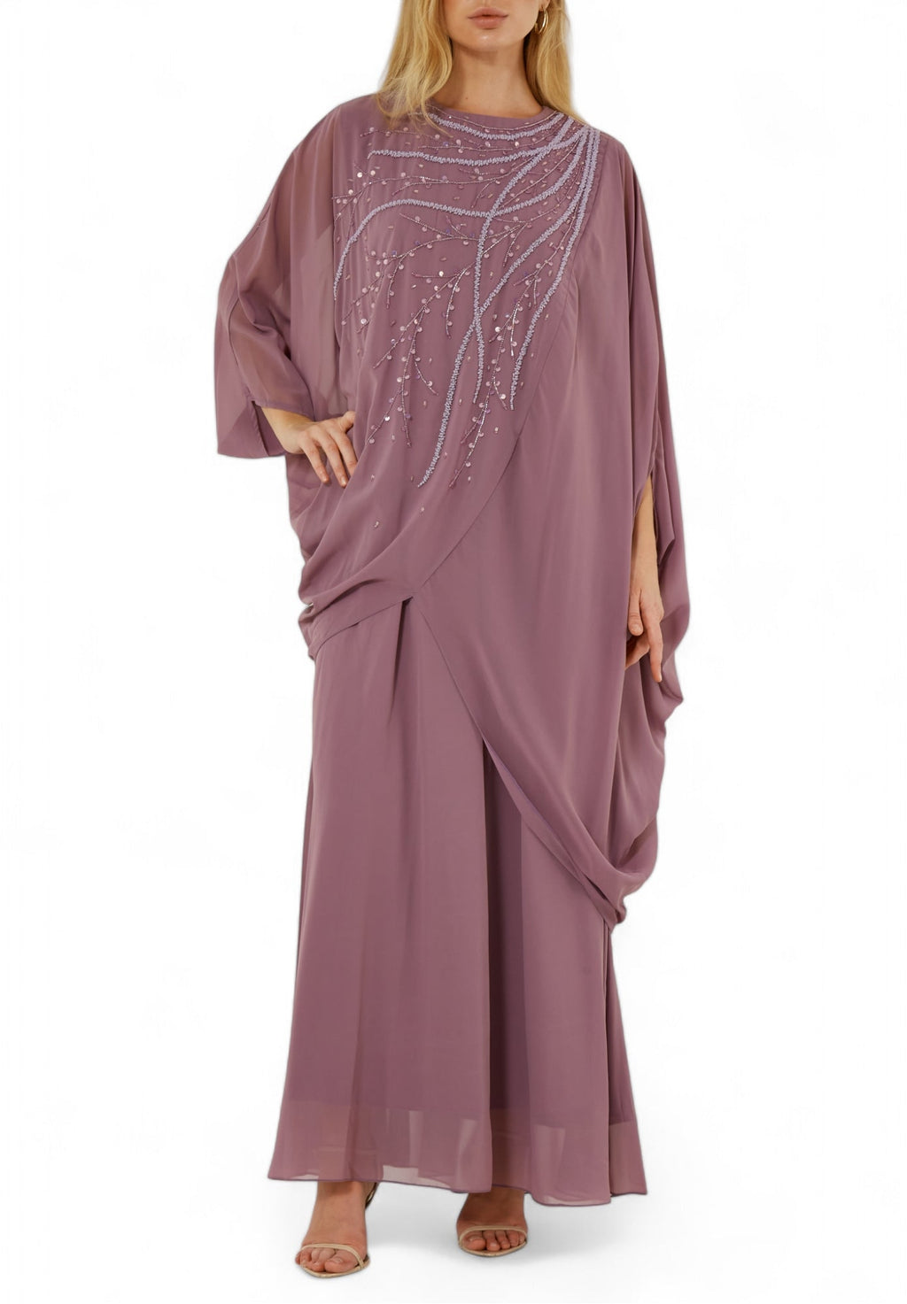 Beautiful Chiffon Draped  Dress with Embroidery Details And Long Sleeves