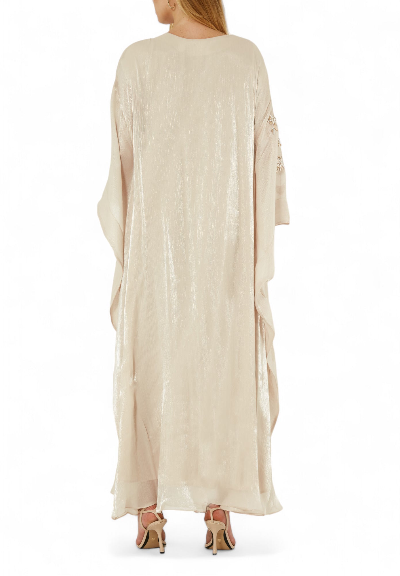 Stunning Round neckline Embroidered Organza Jalabiya With Draped Sleeves