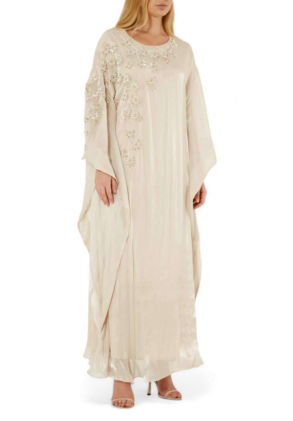 Stunning Round neckline Embroidered Organza Jalabiya With Draped Sleeves