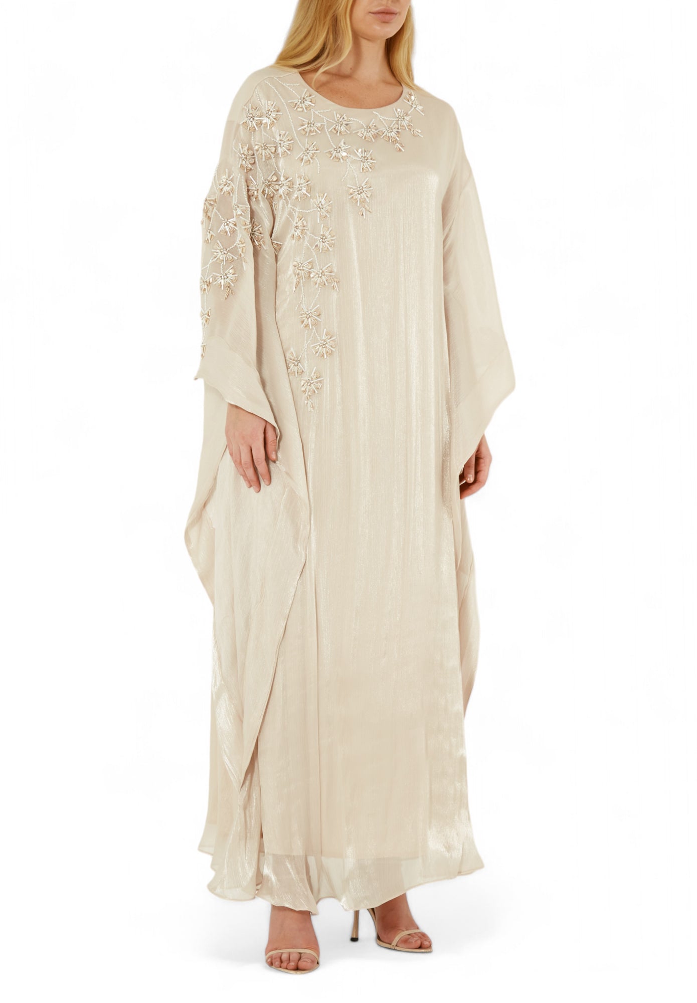 Stunning Round neckline Embroidered Organza Jalabiya With Draped Sleeves
