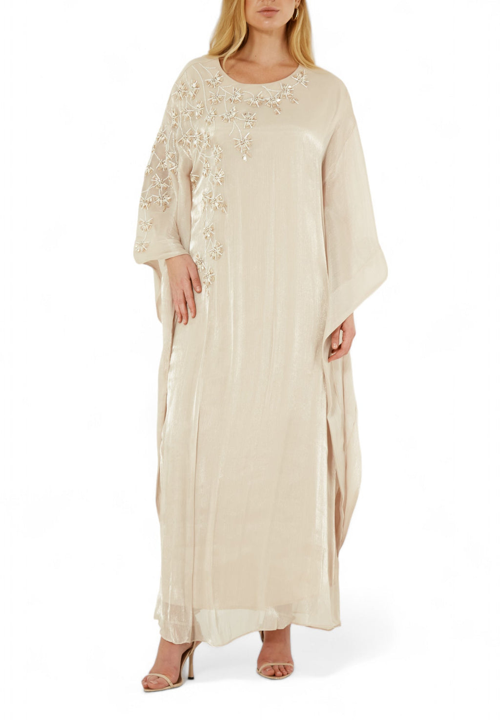 Stunning Round neckline Embroidered Organza Jalabiya With Draped Sleeves