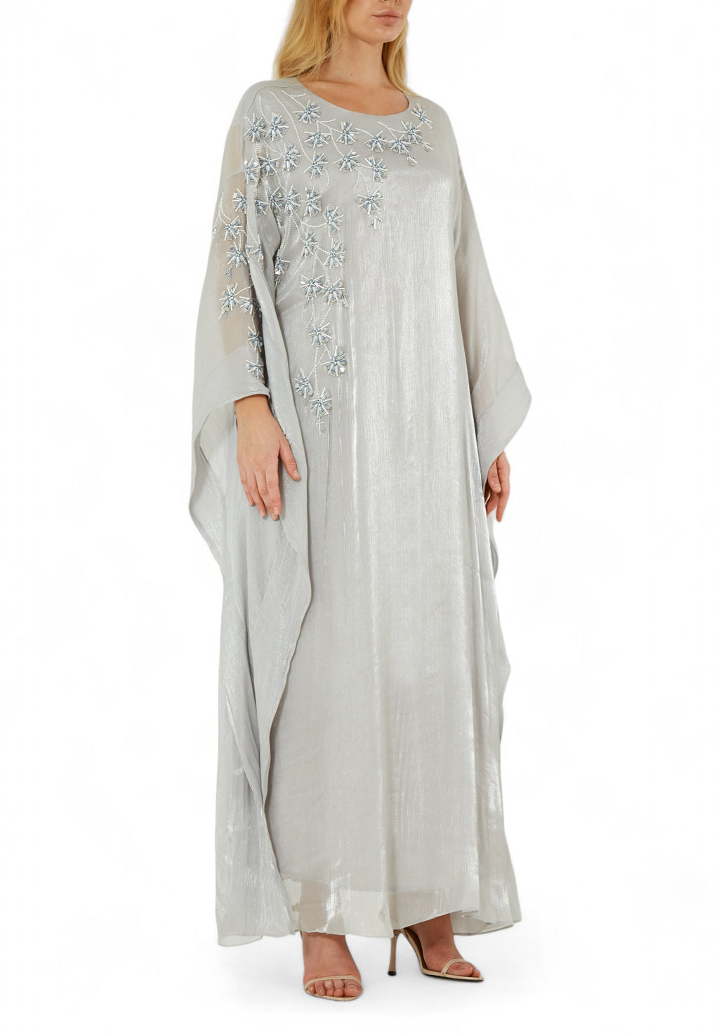 Stunning Round neckline Embroidered Organza Jalabiya With Draped Sleeves