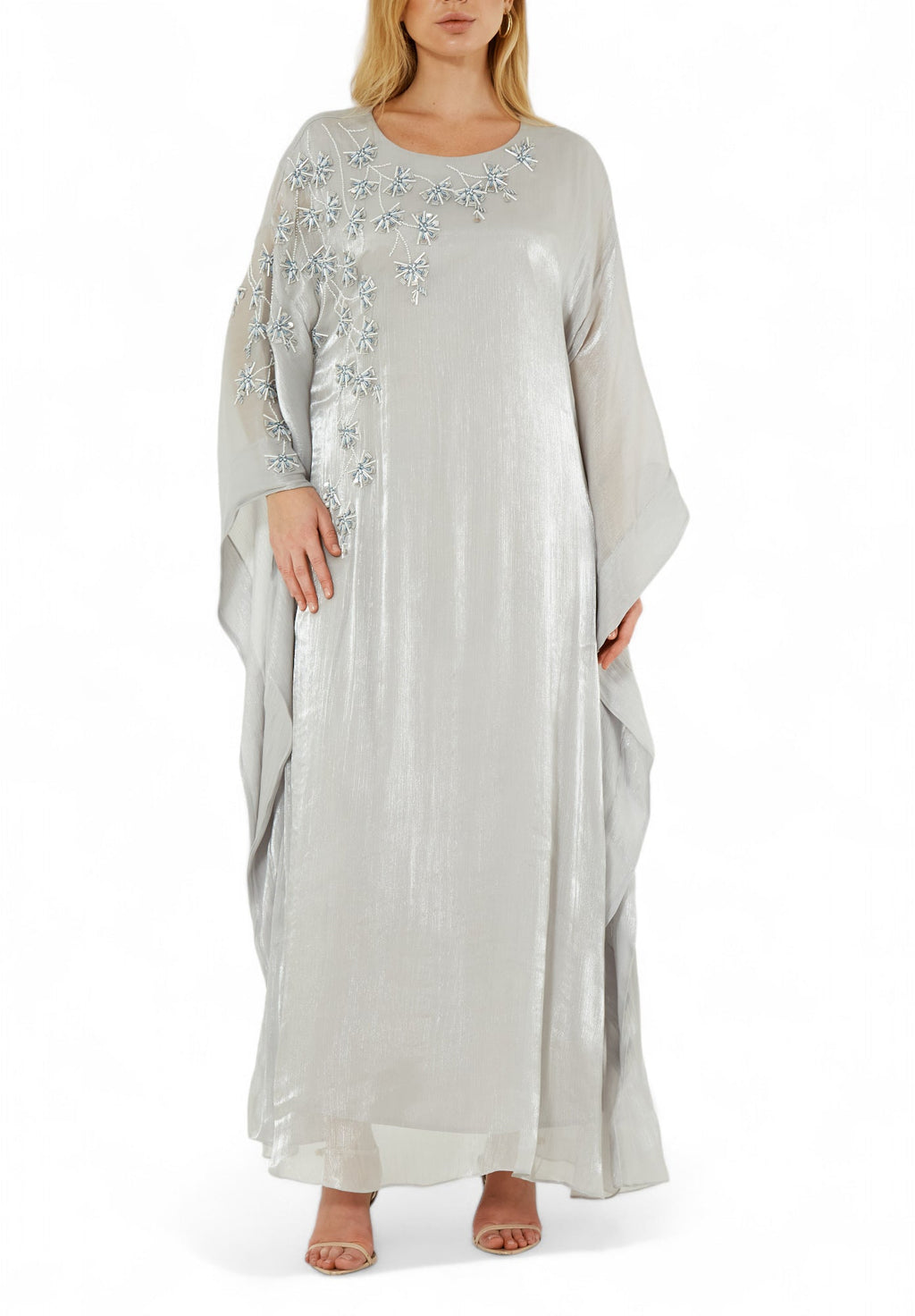 Stunning Round neckline Embroidered Organza Jalabiya With Draped Sleeves