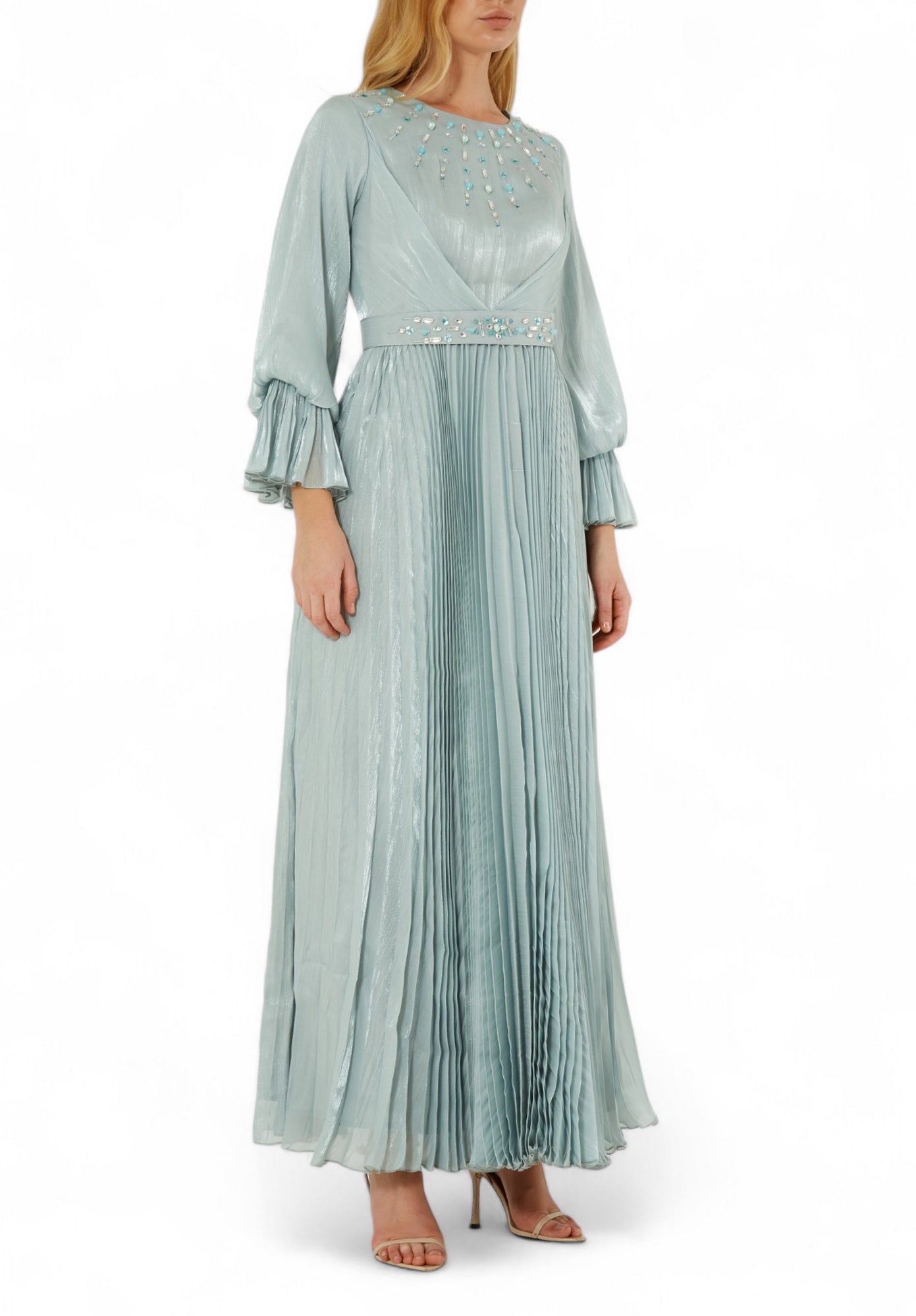 Beautiful Embroidered Pleated Long Dress with Round Neckline With Bishop Sleeves