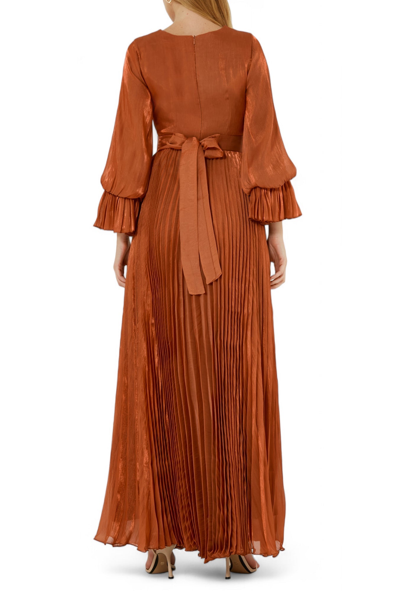 Beautiful Embroidered Pleated Long Dress with Round Neckline With Bishop Sleeves