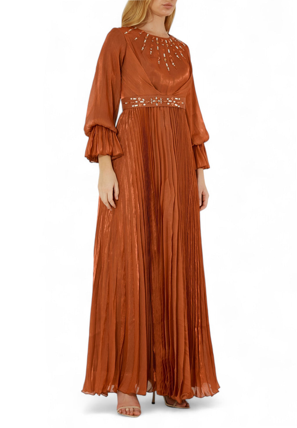 Beautiful Embroidered Pleated Long Dress with Round Neckline With Bishop Sleeves