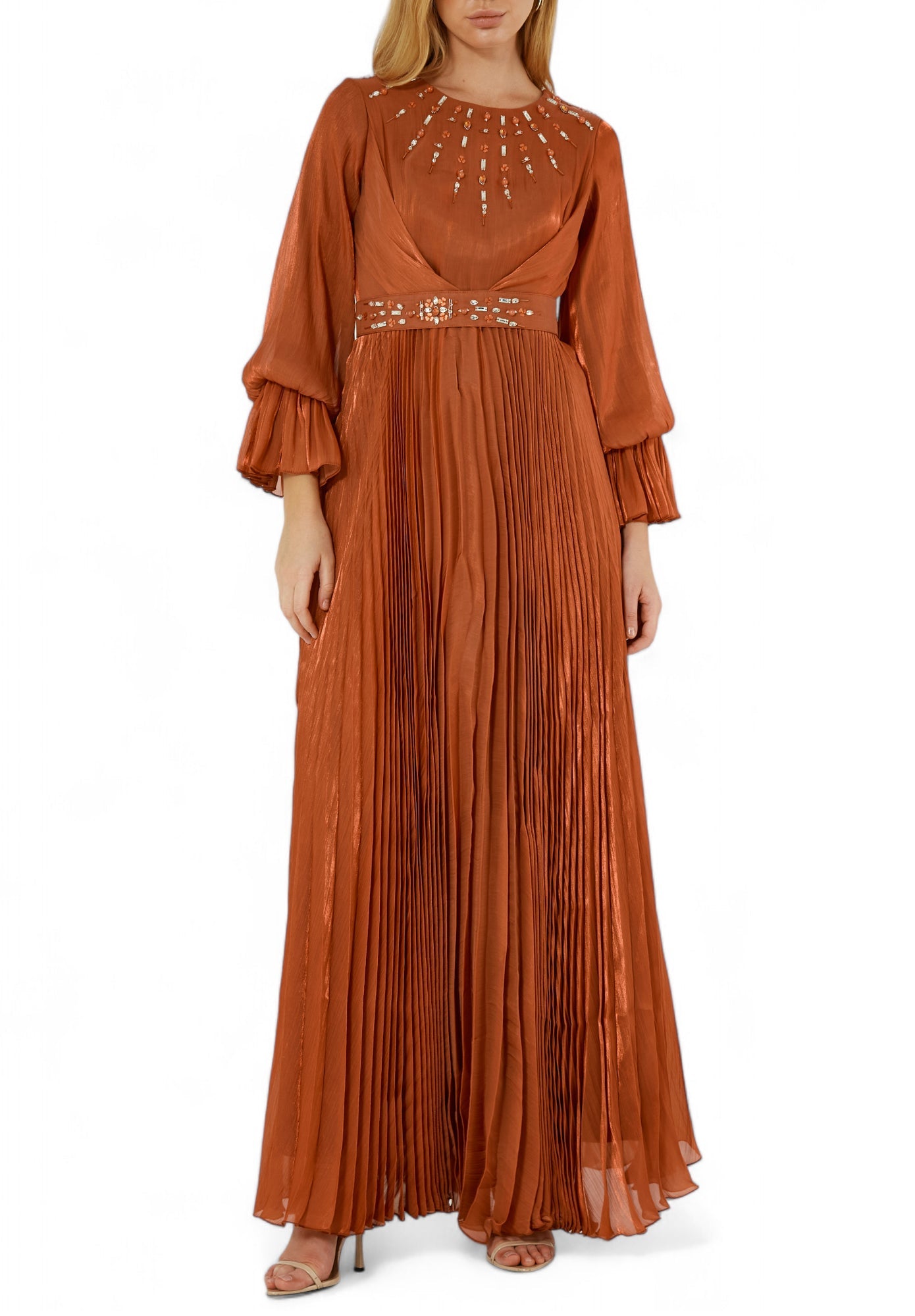 Beautiful Embroidered Pleated Long Dress with Round Neckline With Bishop Sleeves