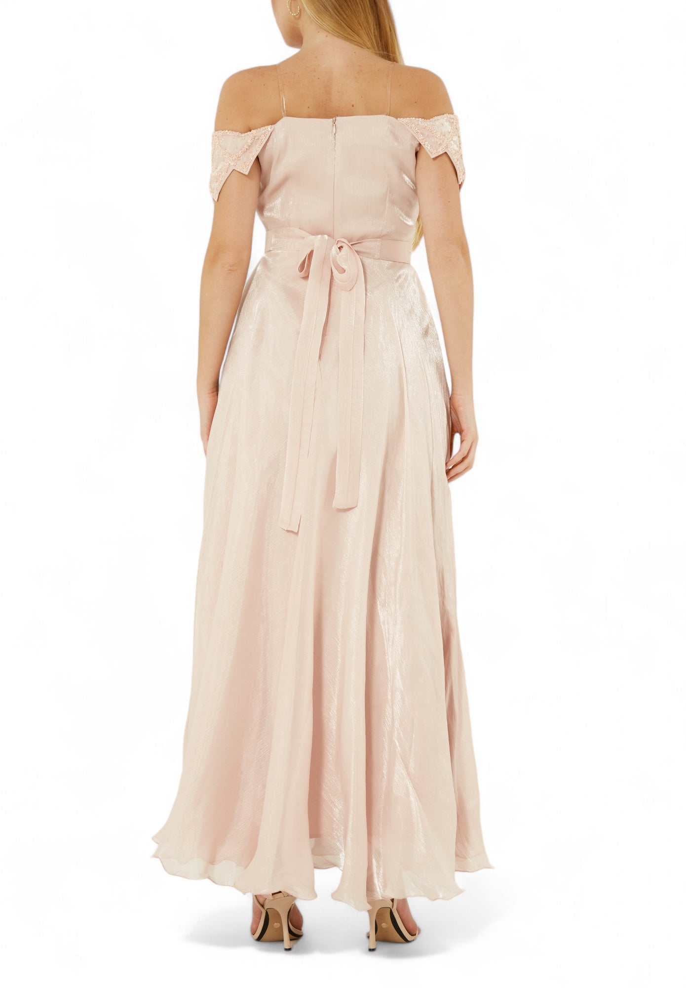 Simple And Elegant embroidered Off Shoulder Silk Dress With Cap Sleeves